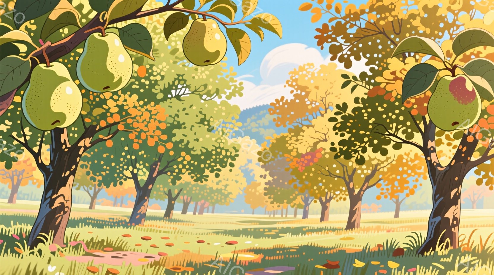 鮮やかな秋の果樹園が描かれています。緑色と黄色のりんごが実った木々が並び、地面は枯葉と草で覆われています。遠くには山々が見え、空は晴れやかで、全体的に温かく穏やかな雰囲気が漂っています。