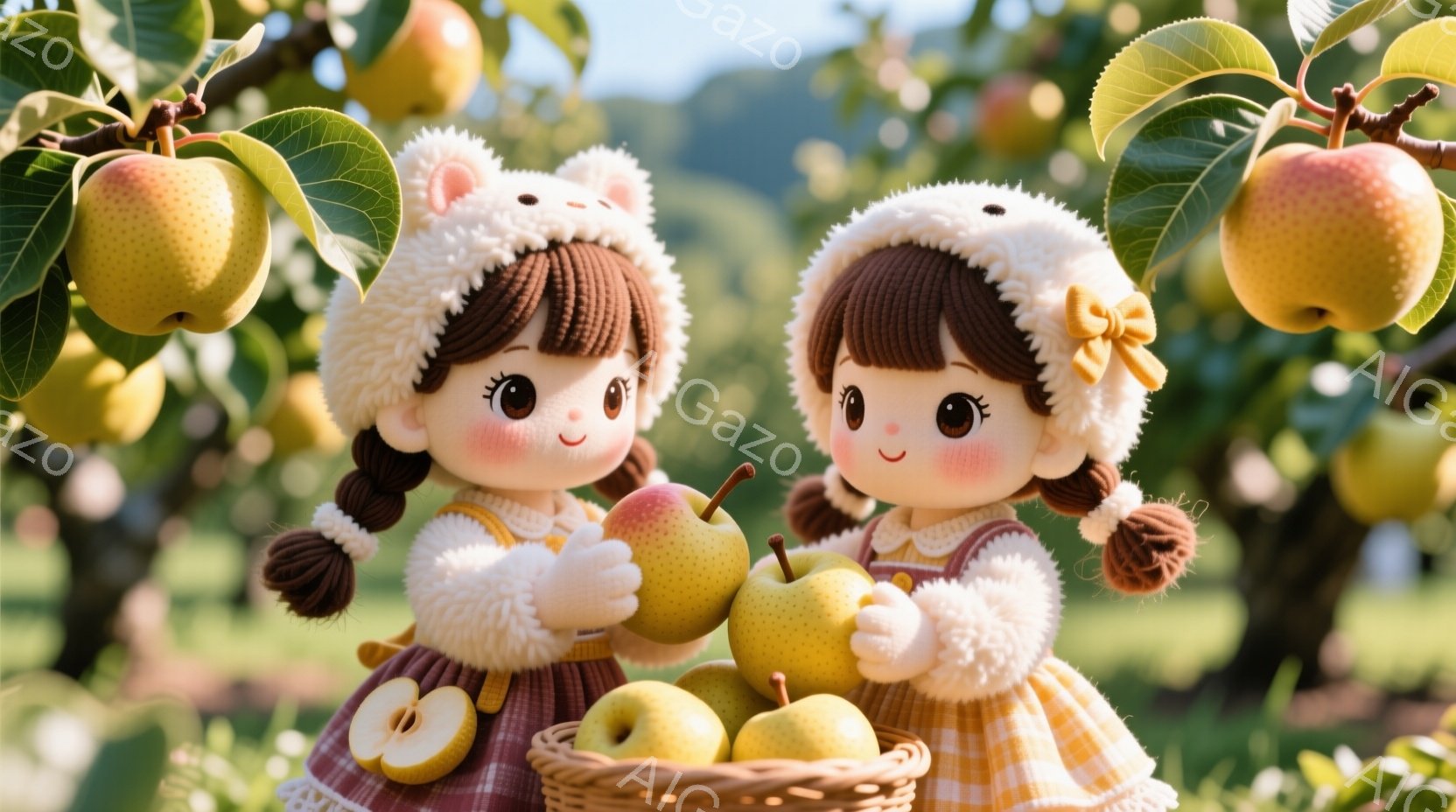 可愛らしい人形が二人、リンゴ園でリンゴを手に持っています。人形たちはクリーム色の帽子をかぶり、茶色の巻き髪で、ピンクの頬と笑顔が印象的です。背景には緑豊かなリンゴの木々と、リンゴがたくさん実った枝が広がり、暖かく穏やかな雰囲気を醸し出しています。