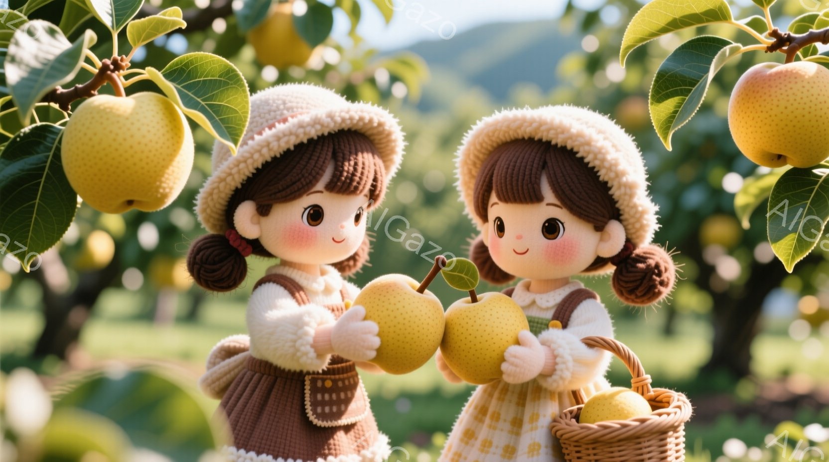 ニットで作られたような2人の少女が描かれています。彼女たちは麦わら帽子をかぶり、パステルカラーの可愛らしい服装で、りんごのような果物を手に持っています。背景には緑豊かな果樹園が広がり、穏やかで温かい雰囲気です。