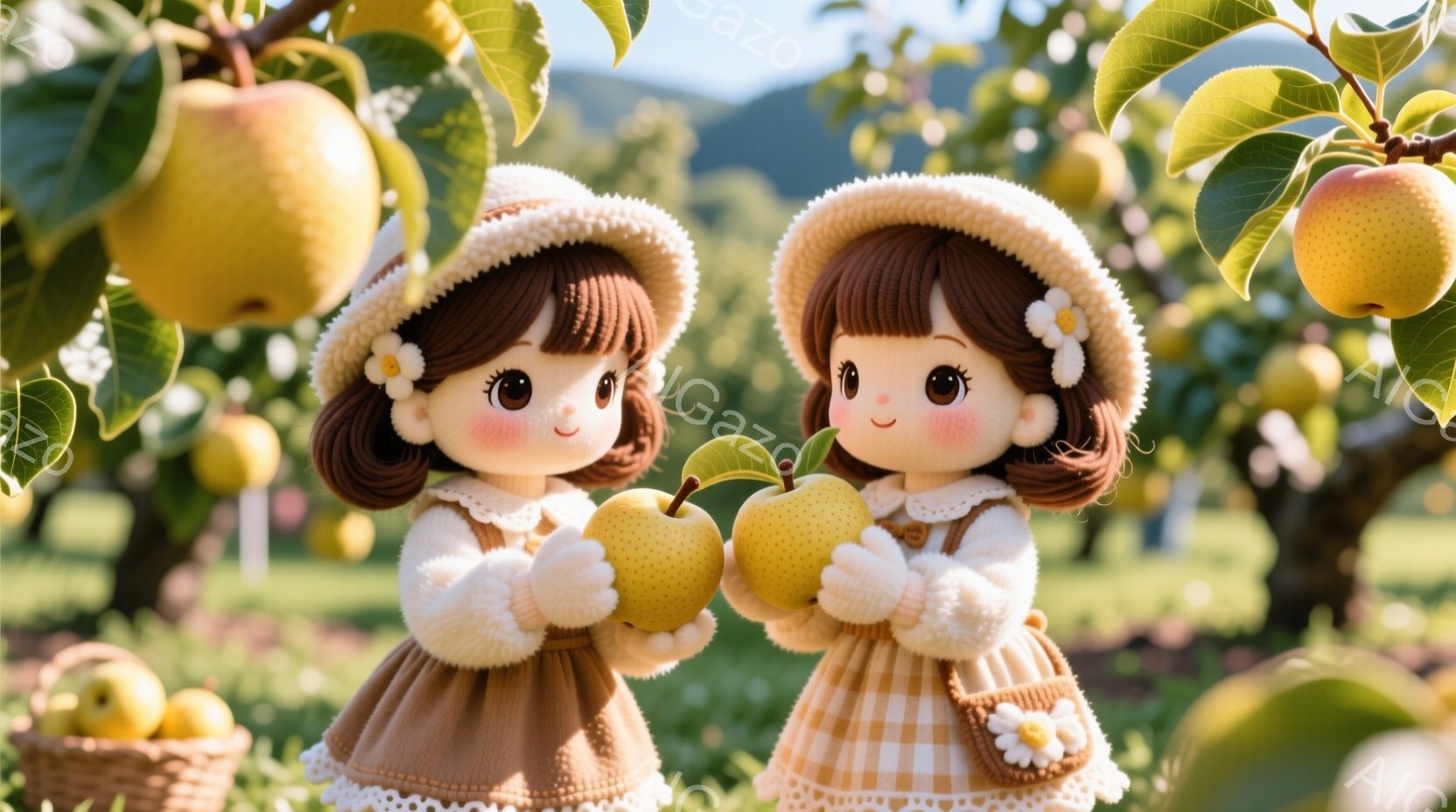 ２人の少女がリンゴ園でリンゴを手に持っています。彼女たちは茶色のカールした髪で、麦わら帽子をかぶり、チェック柄のワンピースとクリーム色のセーターを着ています。背景には緑豊かな木々と柔らかい光が広がり、暖かく、牧歌的な雰囲気が漂っています。