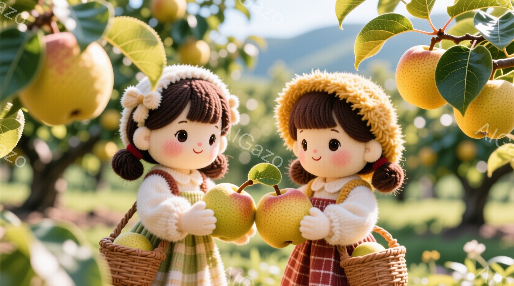 二人の少女が、りんご園でりんごを抱えています。彼女たちはチェック柄のワンピースに白いセーター、そして麦わら帽子をかぶっており、頬は赤く、愛らしい表情をしています。背景にはたくさんのりんごが実った木々と、ぼやけた緑の風景が広がっており、暖かく穏やかな雰囲気が漂っています。
