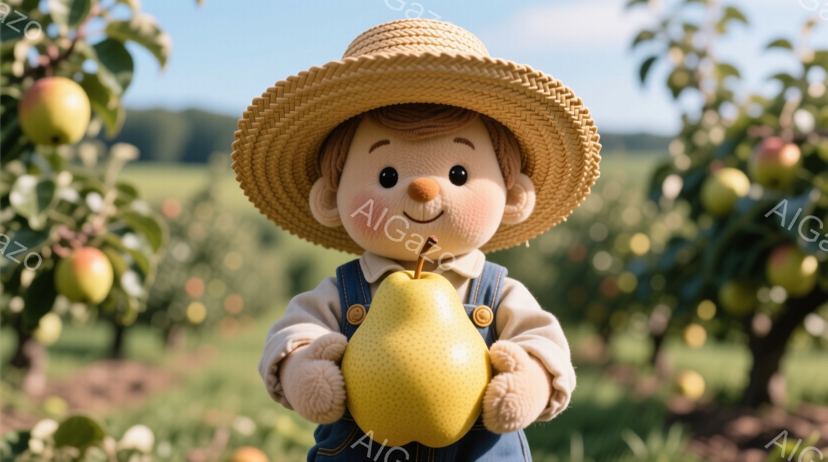 麦わら帽子をかぶった少年が描かれています。少年はオーバーオールを着ており、両手で大きな梨を抱えています。背景には梨の木が並び、青空の下、穏やかで可愛らしい雰囲気が漂っています。