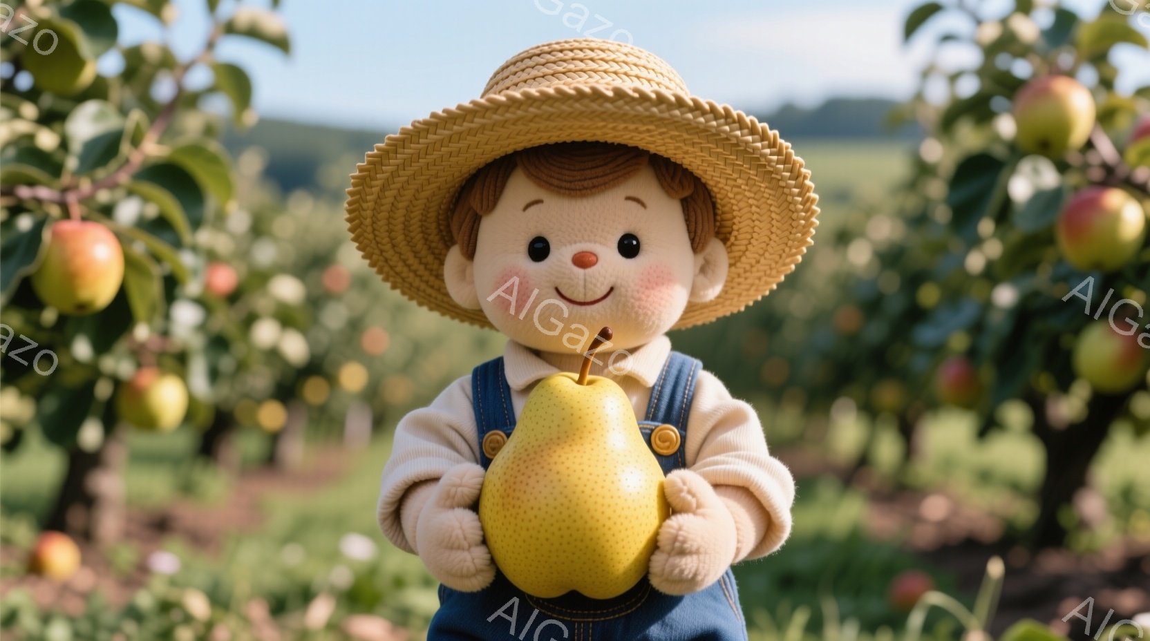 麦わら帽子をかぶった、つぶらな瞳の少年が、大きな梨を抱えています。少年はクリーム色のオーバーオールを着ており、穏やかな笑顔を浮かべています。背景には、りんごの実がなった木々が広がり、秋の穏やかな果樹園の雰囲気が漂っています。