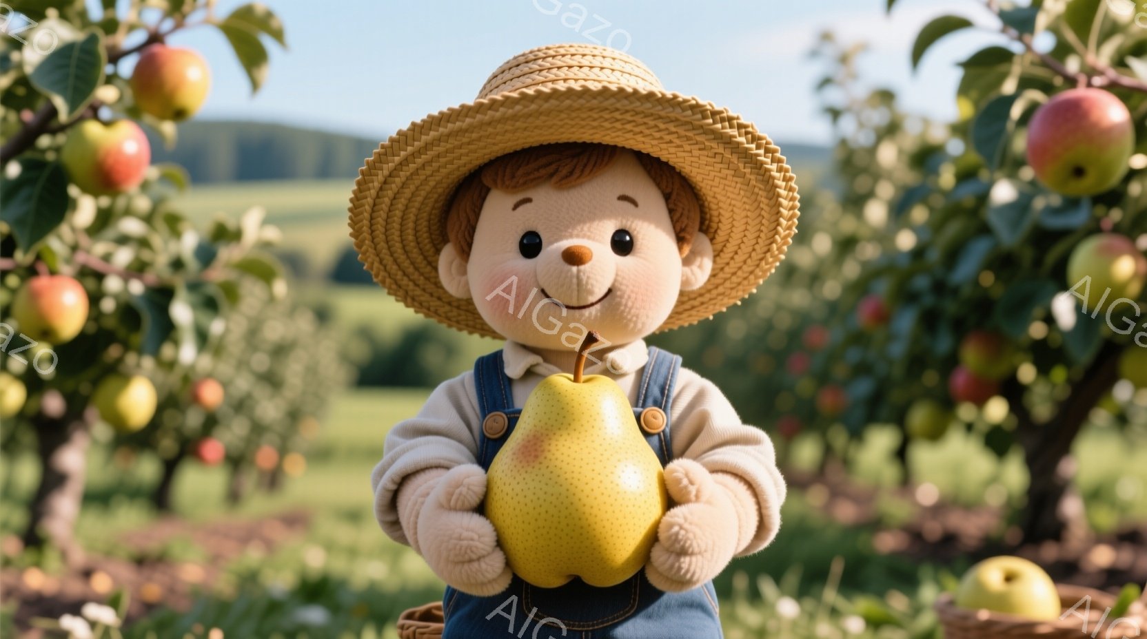 麦わら帽子を被った、つぶらな瞳と赤い頬の少年が描かれています。少年はオーバーオールを着ており、両手で大きな梨を抱え、穏やかな笑顔を浮かべています。背景には、りんごの実がなった木々と緑豊かな田園風景が広がり、暖かく穏やかな雰囲気を醸し出しています。