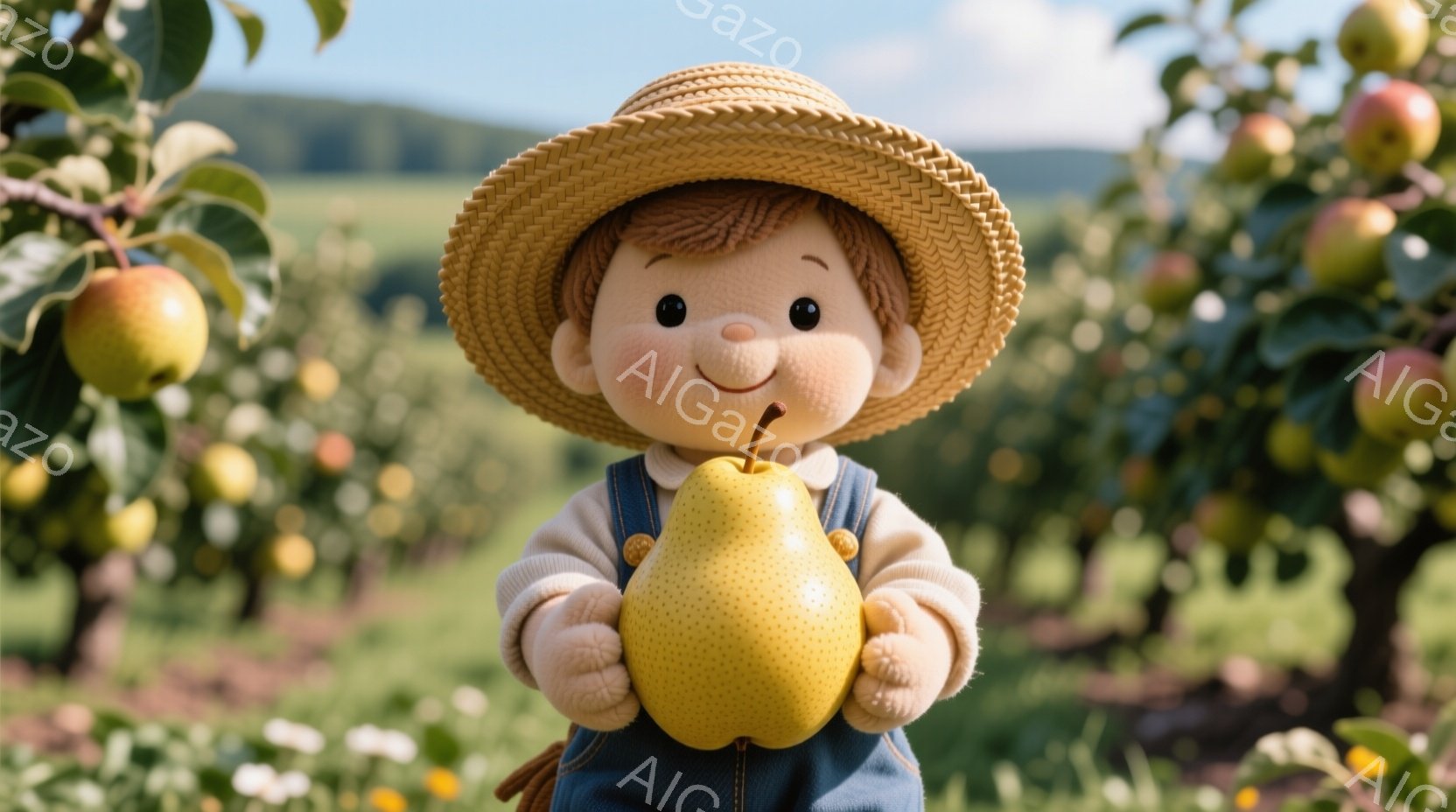 麦わら帽子をかぶった幼い少年が大きな梨を抱えています。少年はオーバーオールを着ており、頬はほんのり赤く、笑顔で愛らしい表情をしています。背景には、りんごが実った果樹園が広がり、晴れた空の下、穏やかな雰囲気が漂っています。