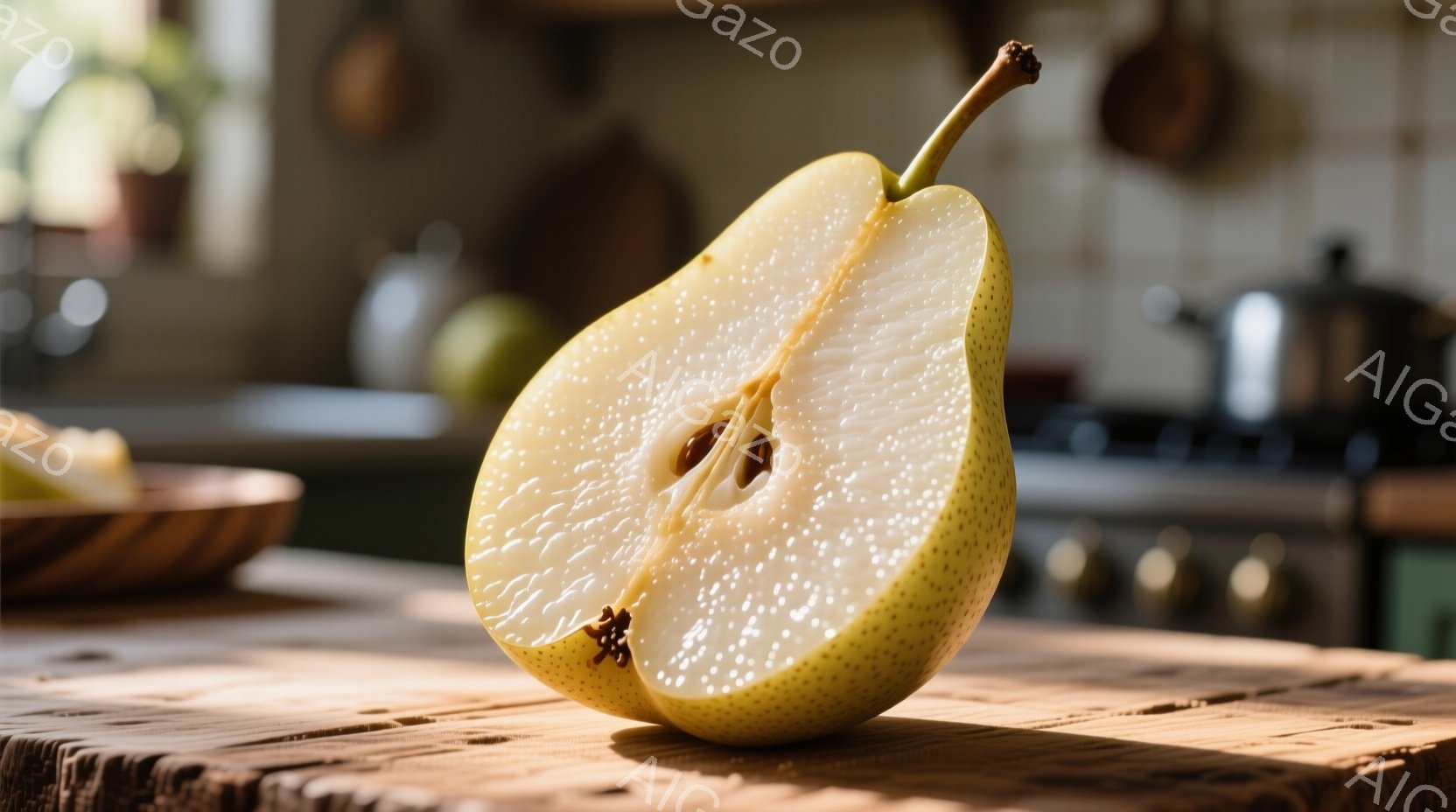 光沢のある黄色い梨が半分にカットされ、木製のテーブルの上に置かれている。背景にはぼやけたキッチンが見え、壁には調理器具が吊るされている。全体的に暖かく、自然光が差し込む穏やかな雰囲気である。