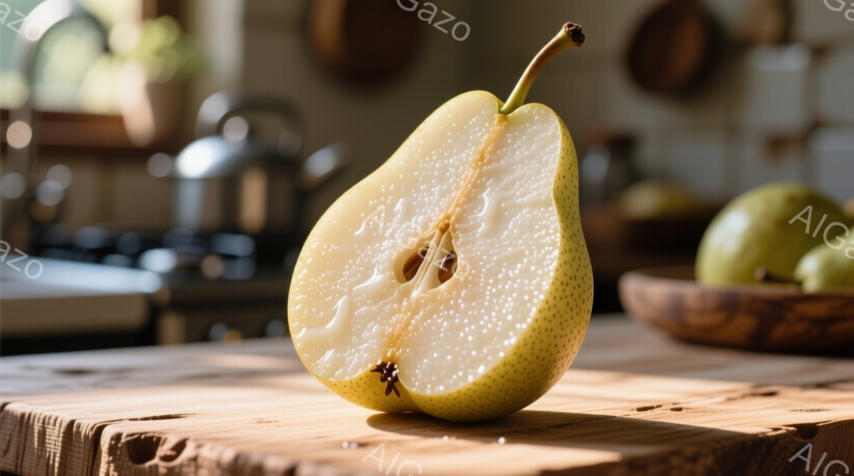 画像は半分にカットされた洋梨が、粗い木の板の上に乗っている様子を捉えています。洋梨の果肉は白く、種が露わになっています。背景には、ぼやけたキッチンや木製のボウル、そして他の洋梨が見え、全体的に温かく、素朴な雰囲気です。
