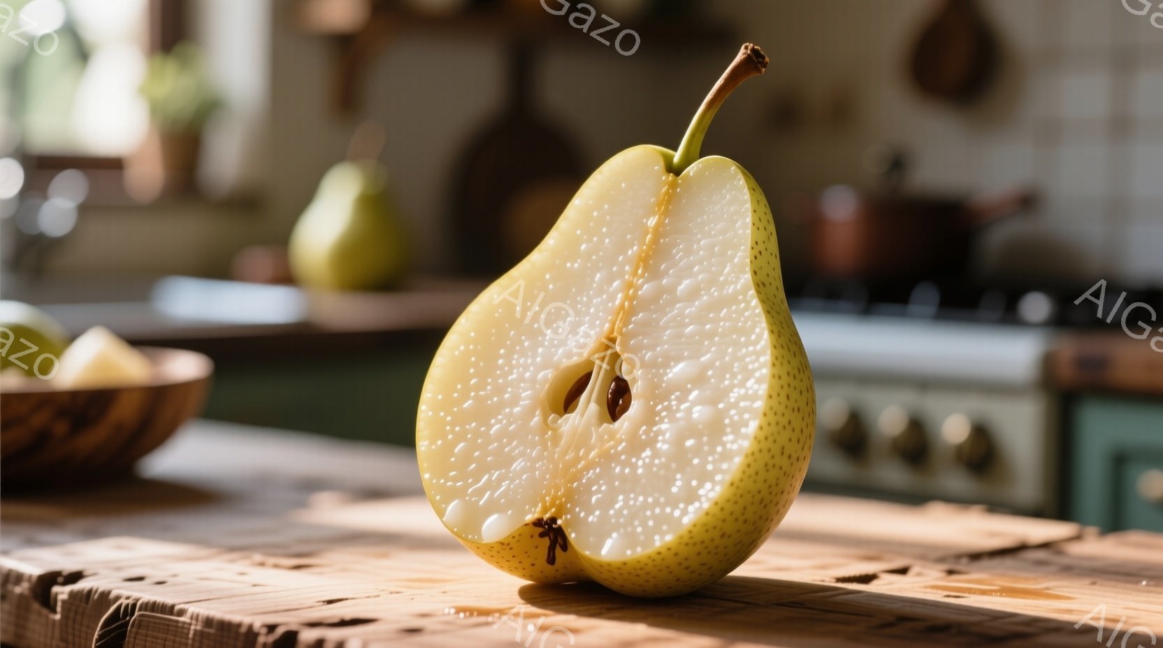 半分に切られた梨が木製のテーブルの上に置かれています。梨の果肉は白く、種が中央に見えます。背景には、ぼやけたキッチンと、暖かく自然な光が差し込んでおり、家庭的な雰囲気を醸し出しています。