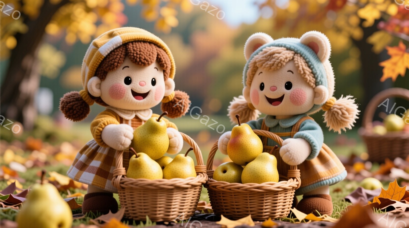 二人の幼い少女が、それぞれ梨の入った籠を抱えています。少女たちは、チェック柄のシャツと帽子を身に着け、丸い頬と笑顔が特徴的です。背景には、秋の紅葉と散り葉が敷き詰められ、暖かく穏やかな雰囲気を醸し出しています。