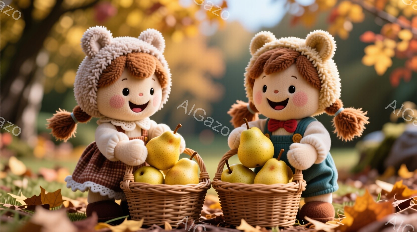 2人の少女が、それぞれ編み込み模様の帽子を被り、赤いリボンを結んだ2つの三つ編みヘアスタイルをしています。彼女たちは白いシャツに茶色のサスペンダーとスカートを着用し、笑顔でバスケットいっぱいの梨を抱えています。背景は落ち葉で覆われた地面と秋の木々で、温かく、のどかな雰囲気が漂っています。