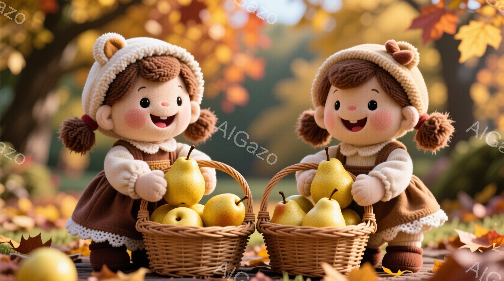 ふっくらとした頬を持つ可愛らしい女の子が二人、それぞれ籐の籠いっぱいの梨を抱えています。女の子たちは、茶色い巻き毛の髪を二つ結びにして、クリーム色の帽子をかぶり、満面の笑みを浮かべています。背景には、落ち葉が敷き詰められた木製のテーブルと、秋らしい暖色系の葉が茂る木々が見え、温かく穏やかな雰囲気が漂っています。