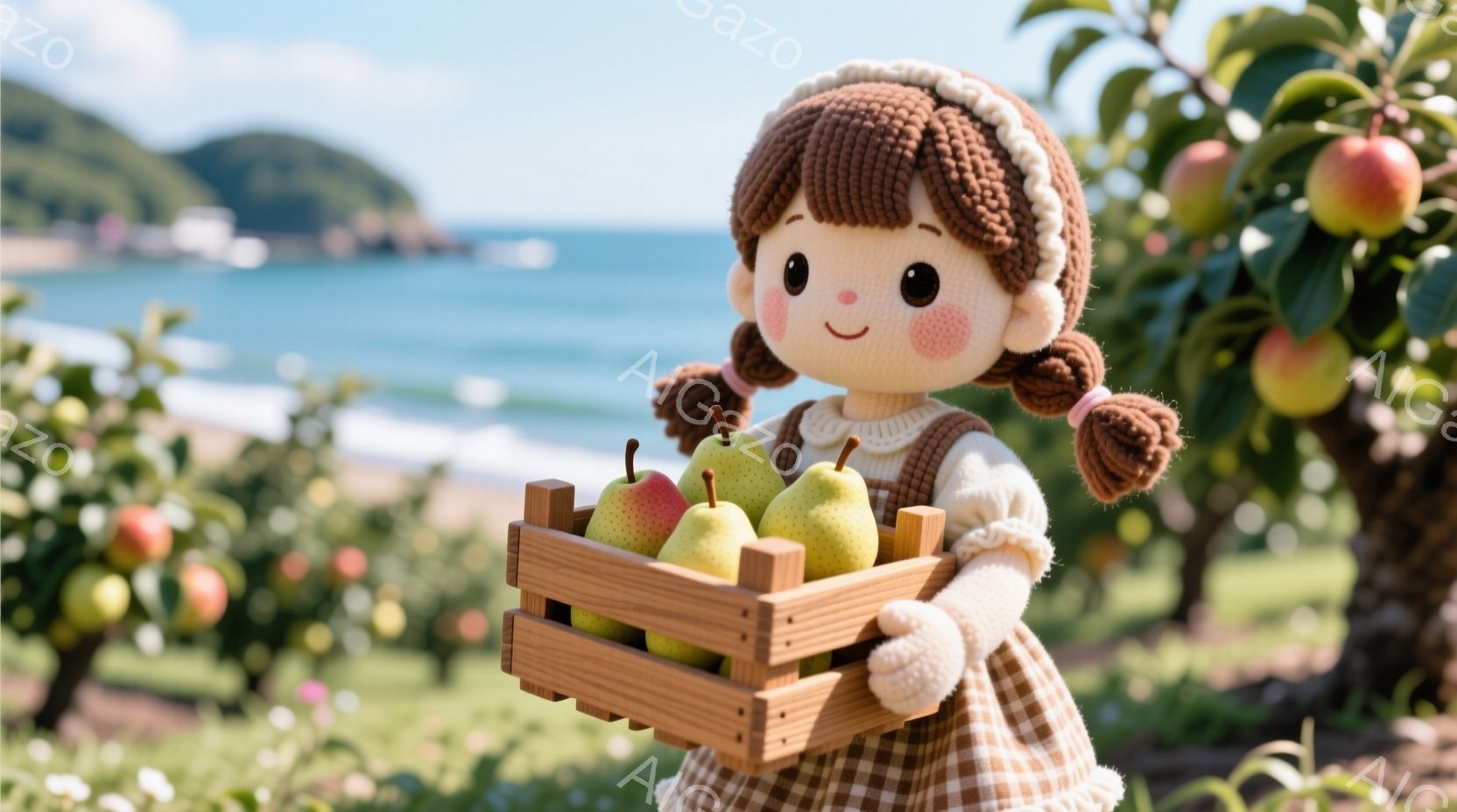 茶色の髪を二つの小さな三つ編みにした、人形のような女の子が、木製の箱にたくさんの梨を持って立っている様子を描いています。彼女はクリーム色のセーターとチェック柄のスカートを着ており、優しい笑顔を浮かべて - AI生成フリー素材