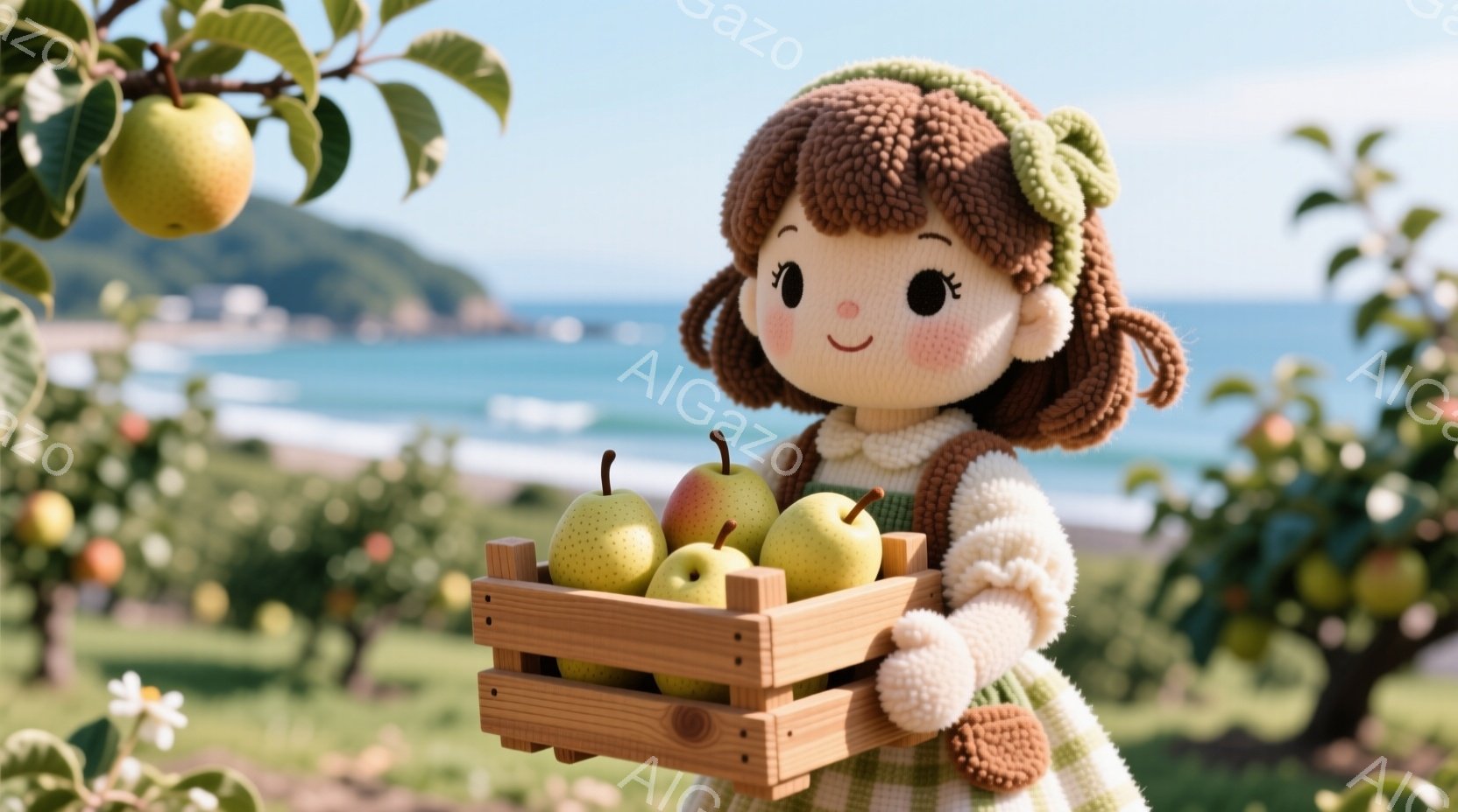 温かい色調のニット人形が、収穫された梨を木製の箱に入れて持っています。人形は緑のヘッドバンドとクリーム色のセーター、チェック柄のスカート姿で、笑顔を見せています。背景には青い海と緑豊かな果樹園が広がり、晴れた日の穏やかな雰囲気を醸し出しています。