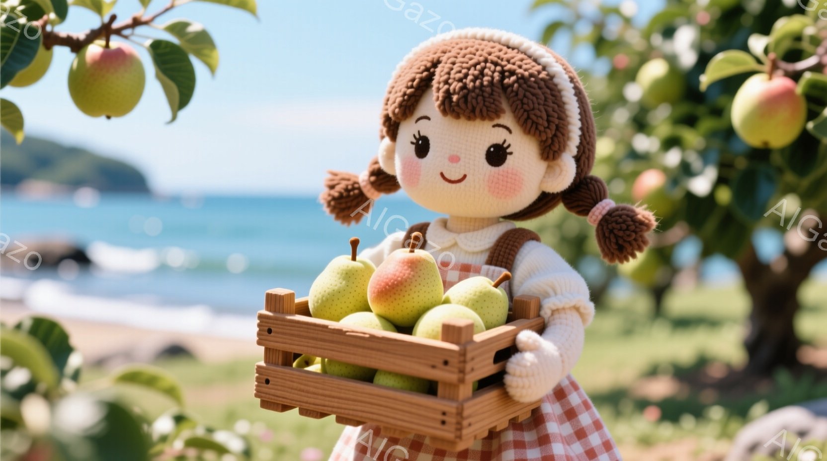 明るいチェック柄のワンピースを着た女の子が、木製の箱いっぱいの梨を抱えています。彼女は茶色の巻き毛の髪を2つに結び、明るい笑顔を見せています。背景には青い海と緑の芝生、梨の木が見え、晴れた日の穏やかな雰囲気が漂っています。