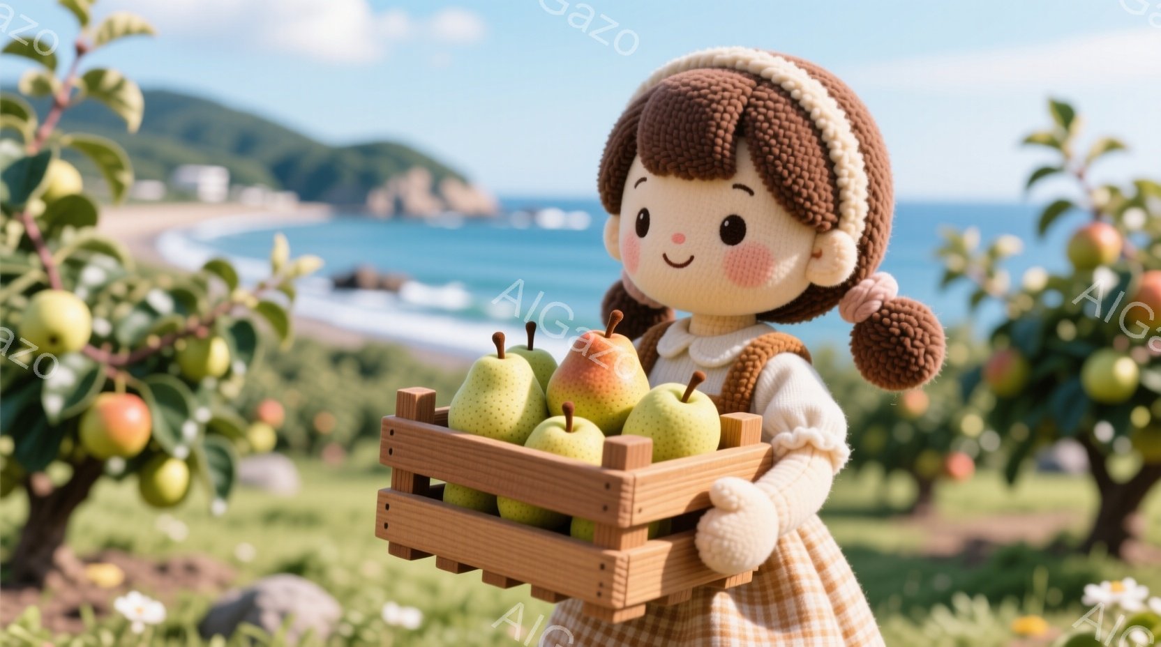 明るい日差しの中で、少女が梨の入った木箱を抱えています。彼女は茶色の巻き毛に、白いリボンをつけた髪型で、クリーム色のワンピースと茶色のベストを着ています。背景には、緑豊かな果樹園と青い海が広がり、穏やかで牧歌的な雰囲気を醸し出しています。
