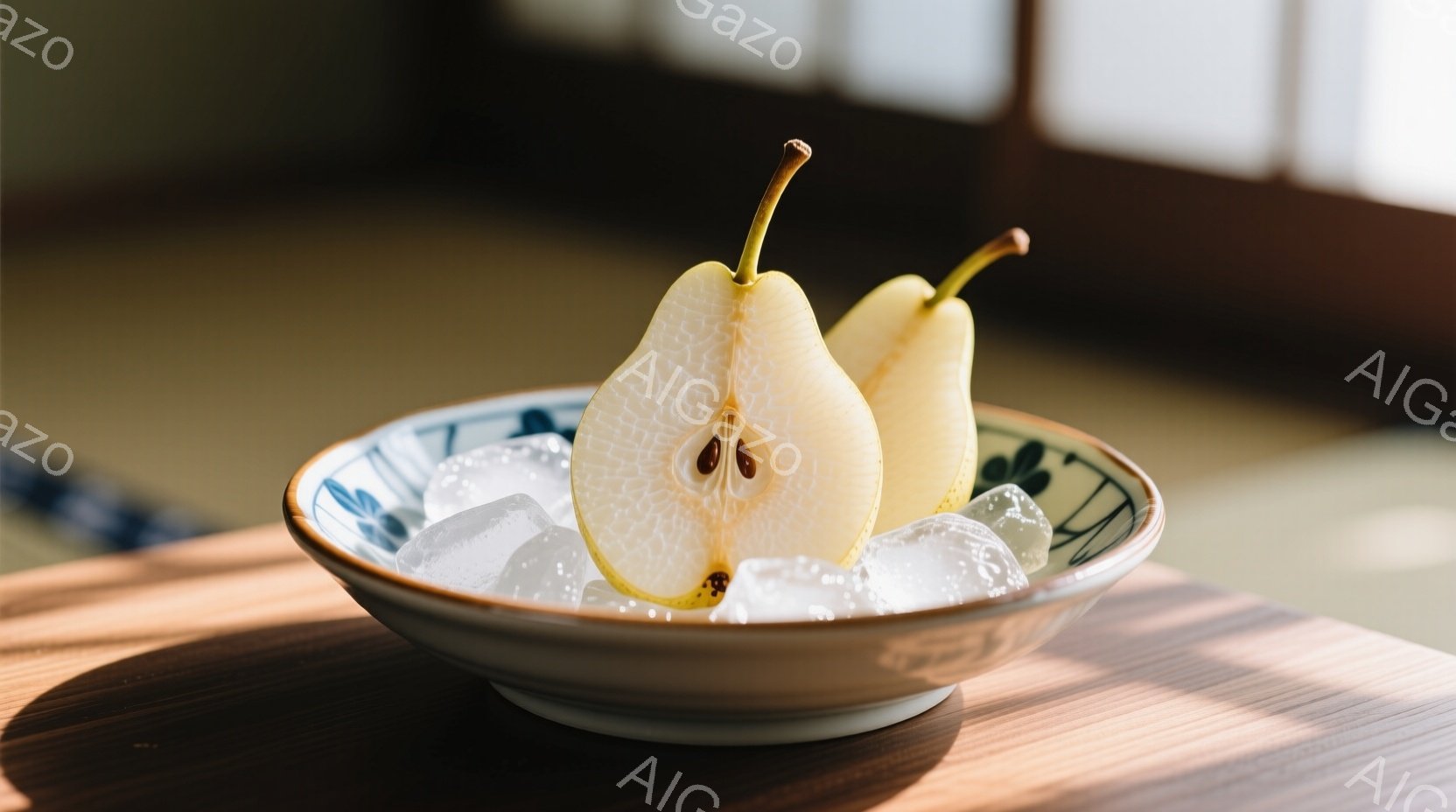 浅いお皿に、半分に切られた梨が2つ、氷の上に置かれている。お皿は白地に青い模様があり、梨の淡い黄色と氷の透明感が際立っている。木製のテーブルの上に置かれ、強い光が差し込み、影がテーブル上に縞模様を描いている。