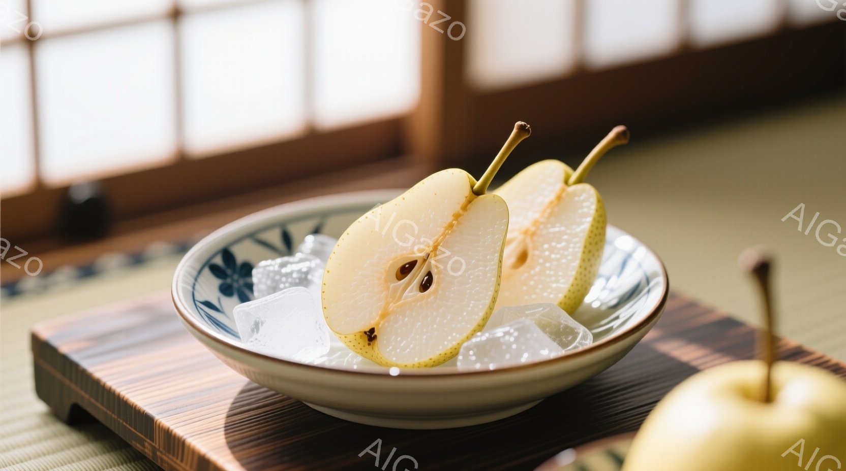 浅い皿にカットされた梨が氷の上に載せられています。背景には畳と木製の台があり、和室の雰囲気が漂っています。梨の瑞々しい果肉と氷の透明感が、涼しげな印象を与えます。