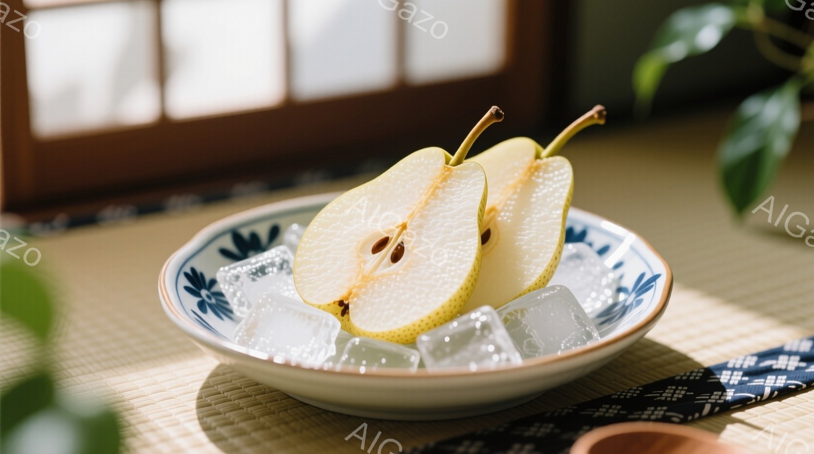 浅い青色の縁取りが施された白いお皿に、半分に切られた梨が盛られています。お皿の中には氷が敷き詰められ、梨を冷やしています。背景には畳と、緑の葉が見え、落ち着いた和の雰囲気を感じさせます。