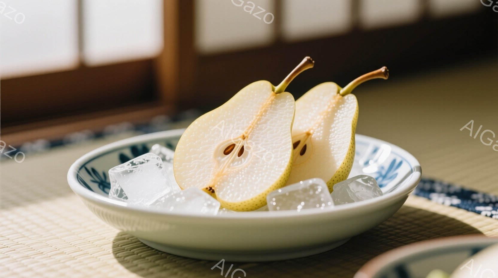 浅い緑色の縁取りのある白いお皿に、半分に切られた梨が2切れ置かれ、周りには氷が散りばめられています。背景には畳の床が見え、和風の落ち着いた雰囲気が漂っています。光が暖かく、梨の瑞々しさを引き立てています。