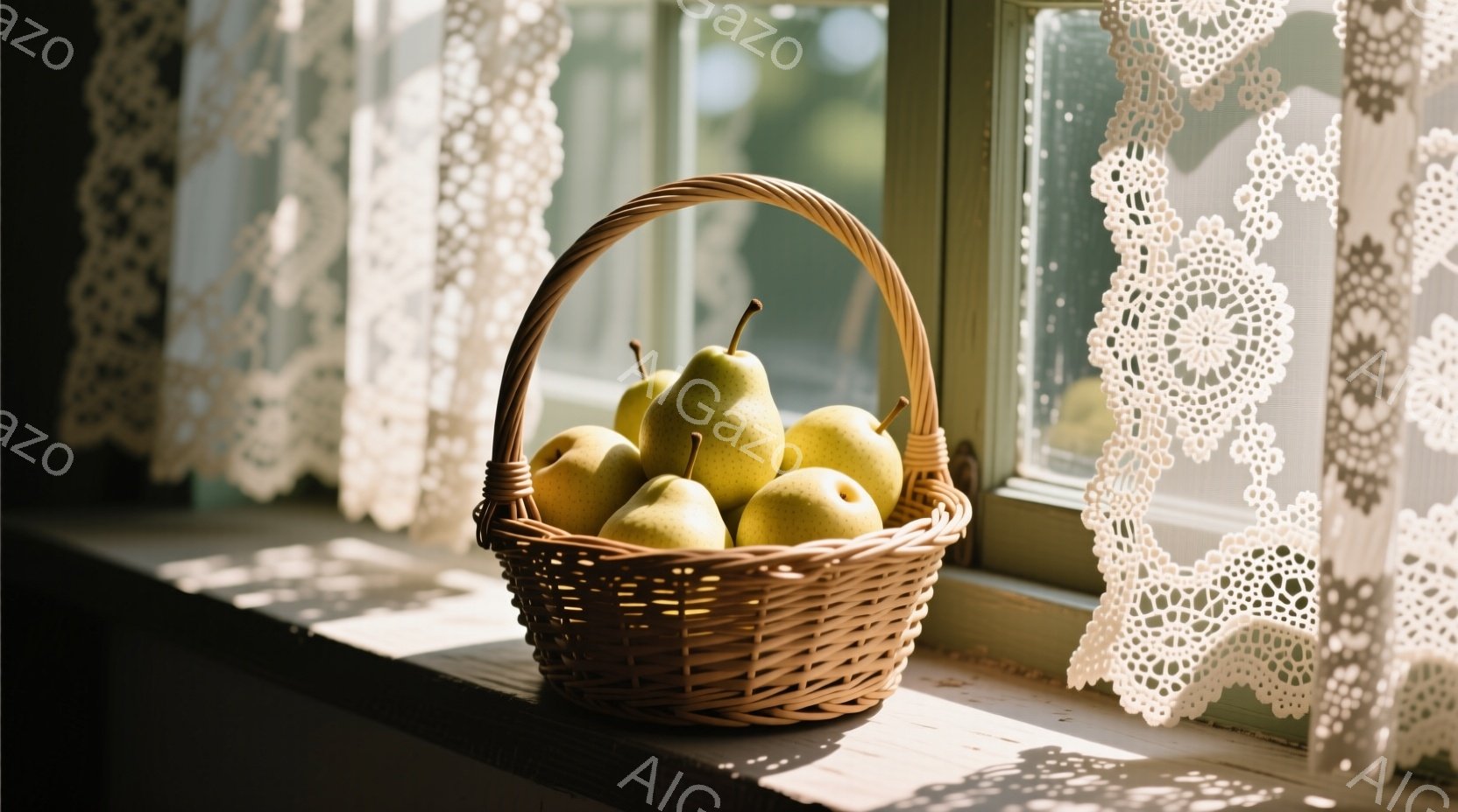 籠の中に黄色い梨がいくつか入っており、日当たりの良い窓辺に置かれている。窓の外には白いレースのカーテンが光を通し、暖かく穏やかな雰囲気を醸し出している。木製の窓枠と梨の黄色が合わさり、素朴で優しい印象を与えている。
