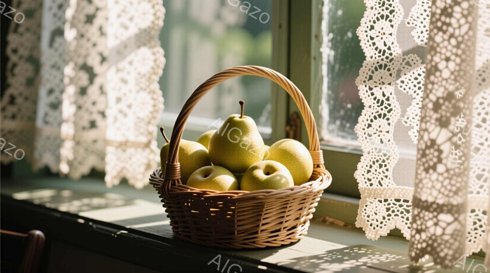 籠の中に緑がかった黄色の梨がいくつか入っており、光が差し込む窓辺に置かれている。背景にはレースのカーテンが見え、全体的に穏やかで暖かく、静謐な雰囲気が漂っている。日差しが梨の表面を照らし、素朴で心地よい印象を与える。