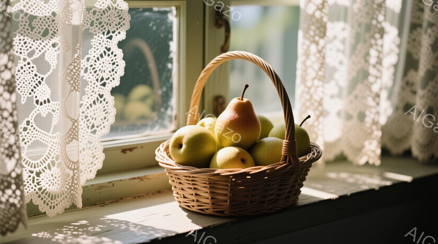 窓辺に置かれた籐の籠には、黄色がかった緑色の梨がたっぷり詰まっています。籠は日差しに照らされ、窓枠と白いレースのカーテンが柔らかい光を添えて、穏やかで素朴な雰囲気を醸し出しています。背景には窓の外が見え、暖かく静謐な空間が表現されています。