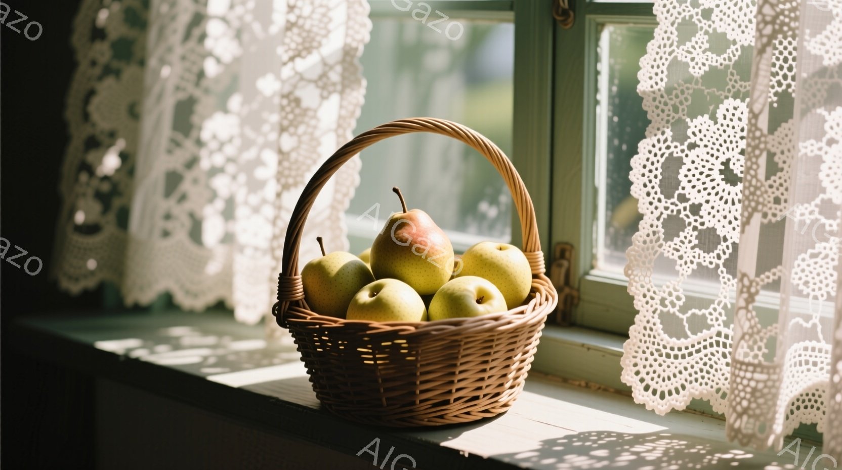 窓辺に置かれた籐の籠の中に、黄色や緑色の梨がぎっしりと詰まっています。背景にはレースのカーテンと緑豊かな木々が見え、穏やかで牧歌的な雰囲気を醸し出しています。日差しが柔らかく差し込み、静寂と豊かさを感じさせる光景です。