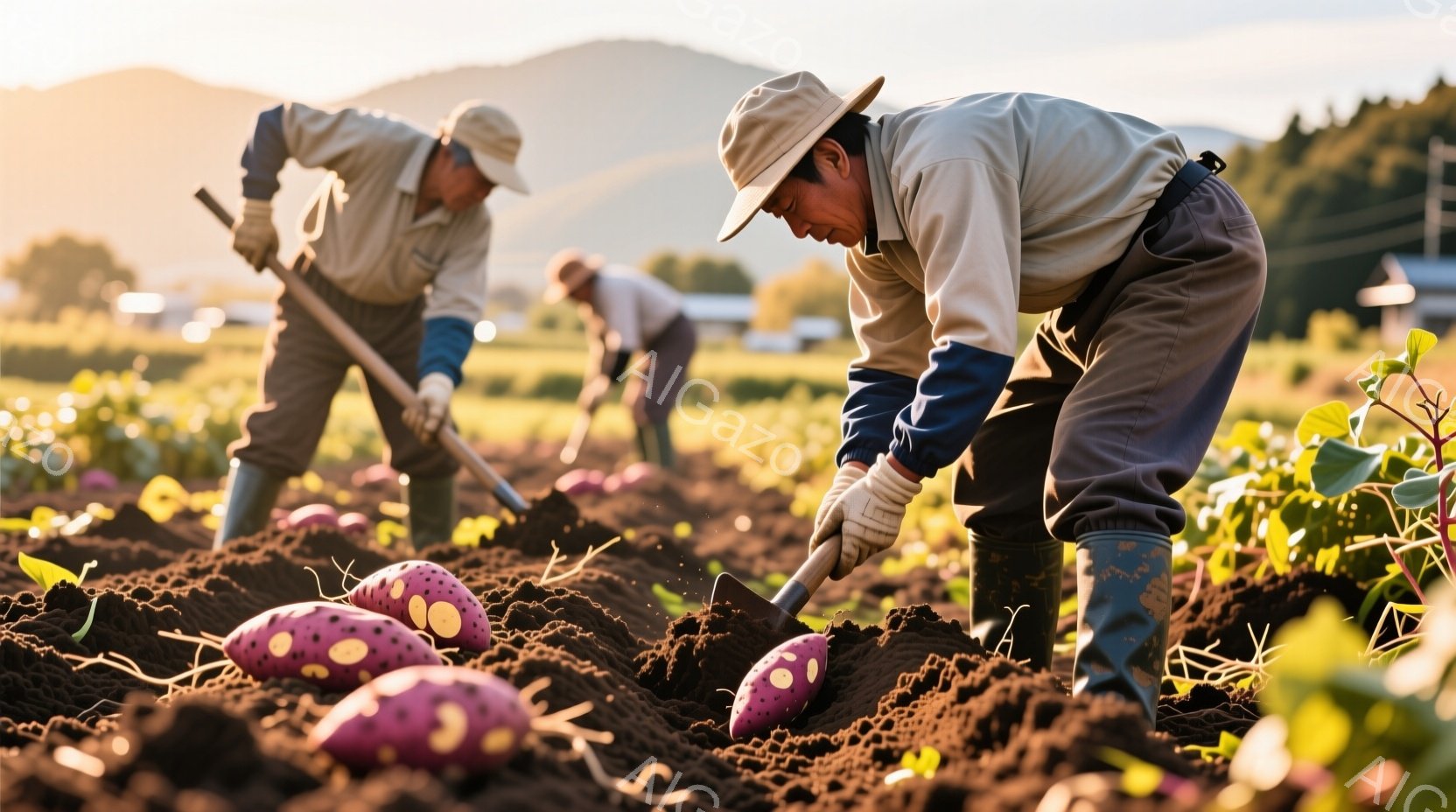 畑で作業する二人の農夫が写っている。彼らは長袖のシャツ、ズボン、帽子を着用し、土を掘って紫色のジャガイモを収穫している。背景には緑豊かな畑が広がり、遠くには山々が見え、夕暮れ時の穏やかな光が全体を照らしている。