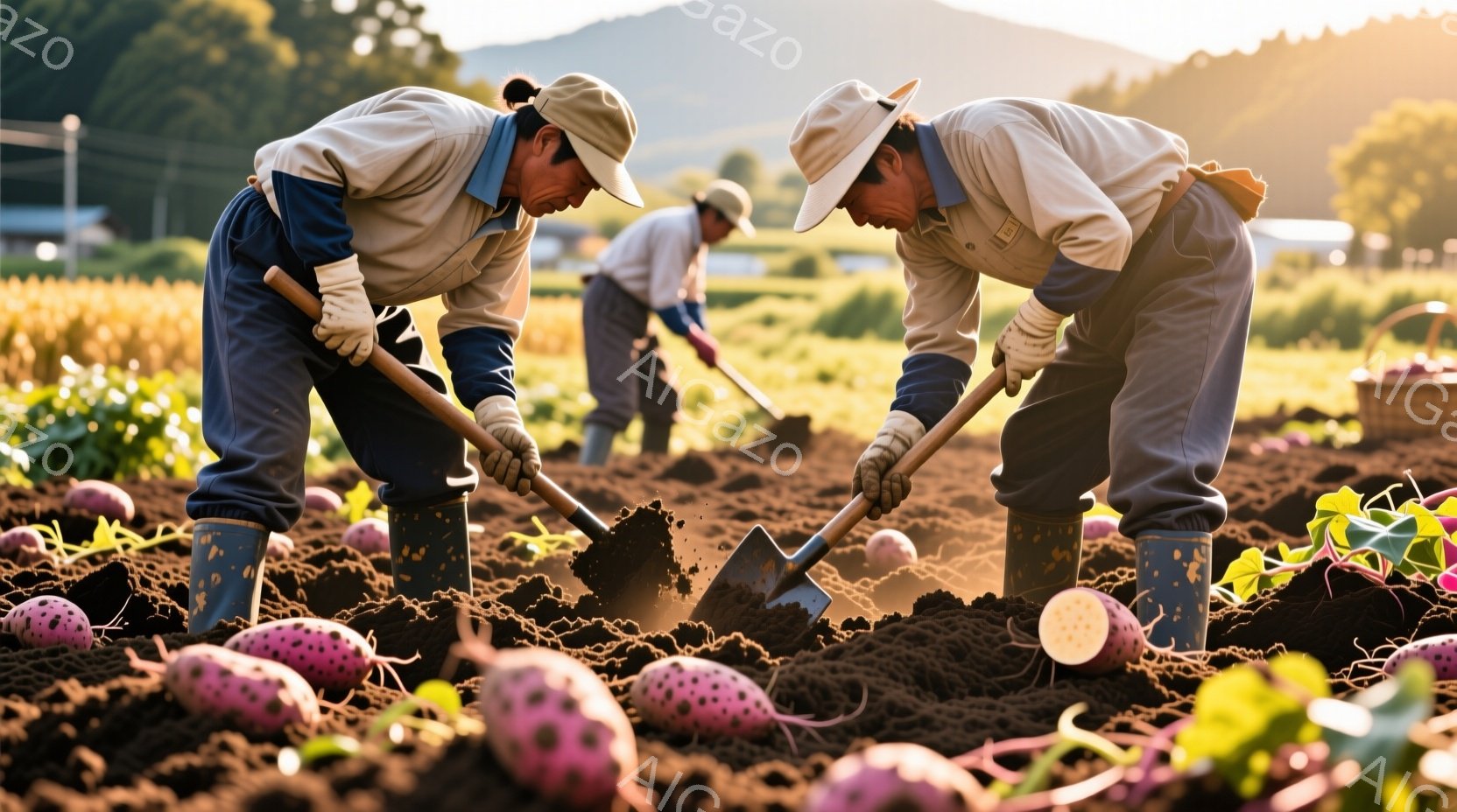 畑でサツマイモを収穫する農家の人々が写っている。彼らはベージュ色の作業着、帽子、手袋を着用し、土にまみれた長靴を履いている。背景には緑豊かな畑が広がり、遠くには山々が見え、夕焼けのような暖かい光が全体を照らしている。