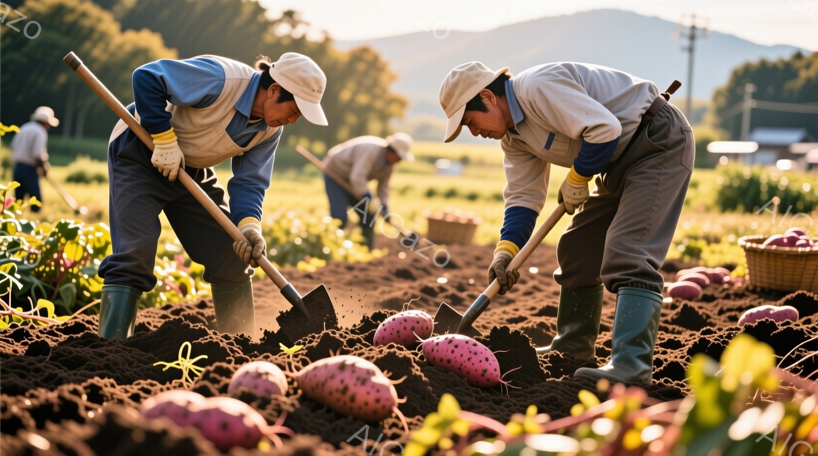 畑でサツマイモを収穫する人々が写っています。彼らは皆、緑色の長靴、白い帽子、薄いブルーの作業着を着ており、顔は土に集中しています。背景には、他の作業員、収穫されたサツマイモが積まれたかご、そして穏やかな夕暮れ時の田園風景が広がっています。