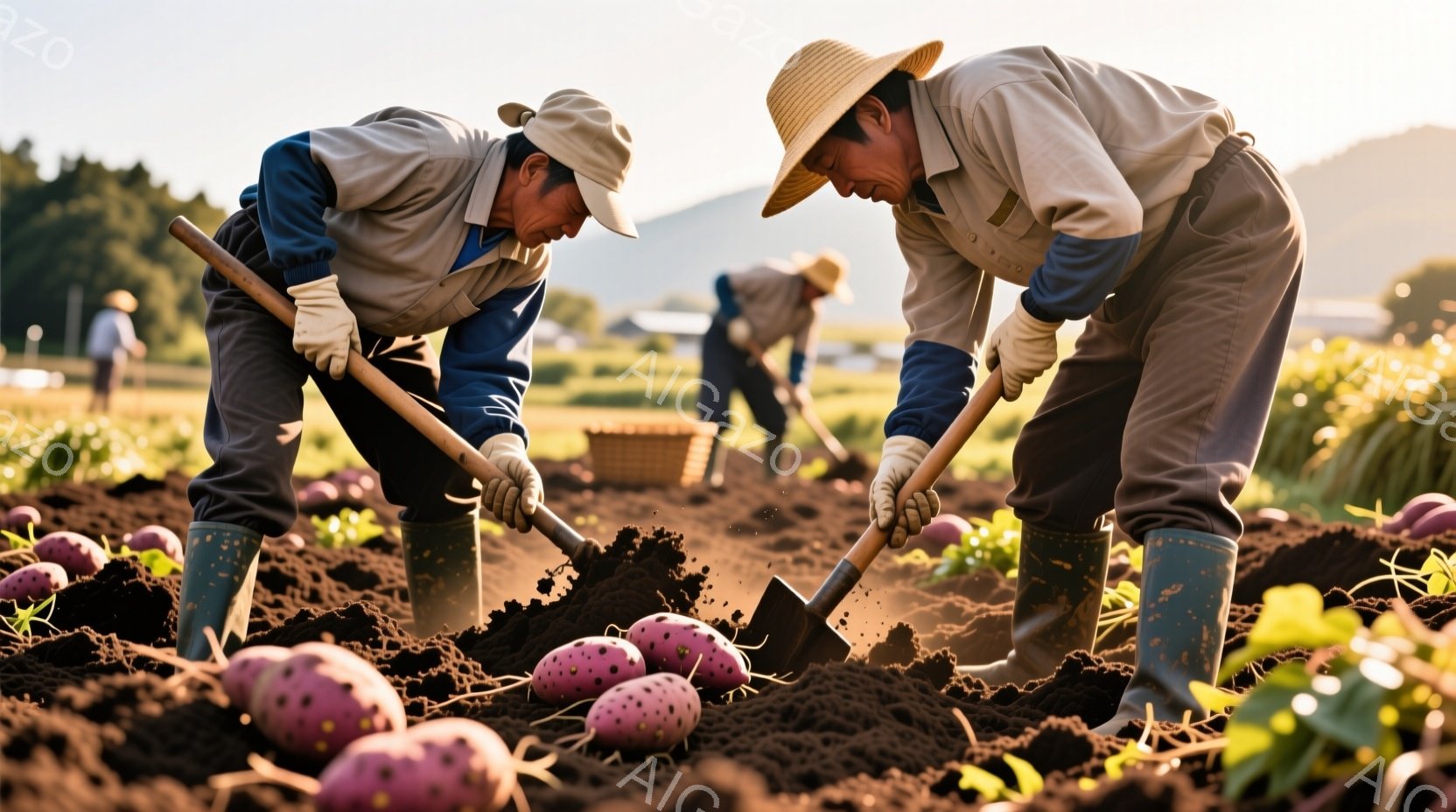 畑で作業をする人々が写っています。彼らはベージュの長袖シャツと濃い青色のズボンを着用し、頭には麦わら帽子をかぶっています。土を掘り起こし、紫色のジャガイモを収穫している様子から、収穫の喜びと勤勉さが伝わってきます。