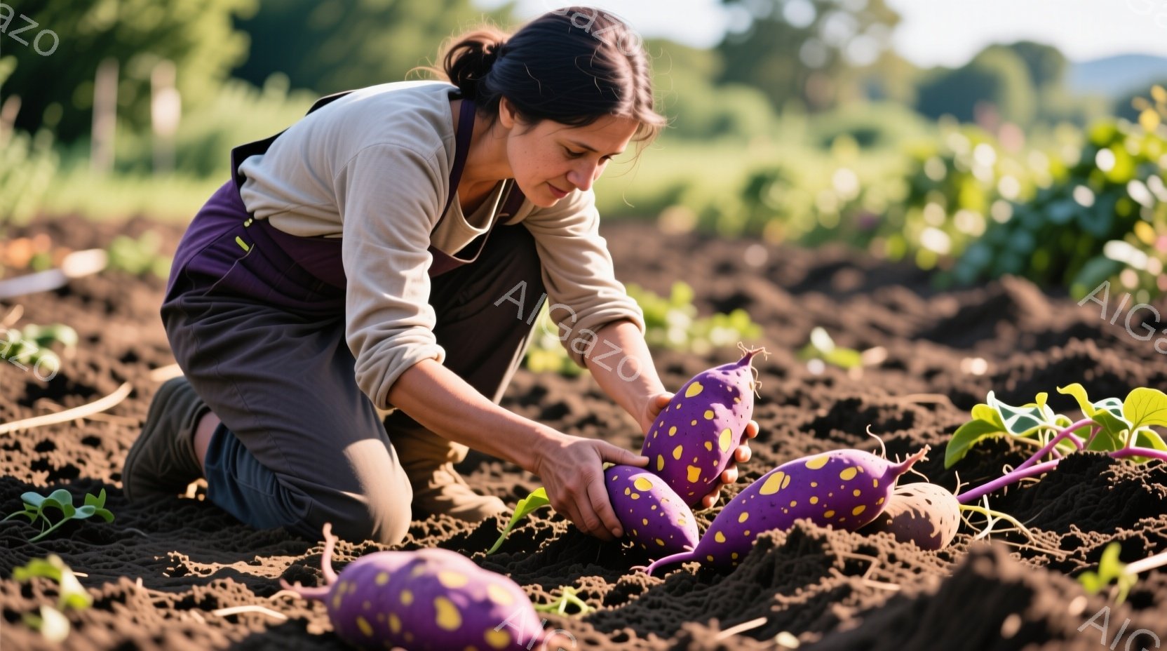女性が畑で紫色のサツマイモを収穫している様子が写っている。ベージュ色の長袖シャツと紫色のオーバーオールを着ており、髪は後ろで一つにまとめている。背景には緑豊かな畑が広がり、天候は晴れで、全体的に穏やかで自然な雰囲気が漂っている。