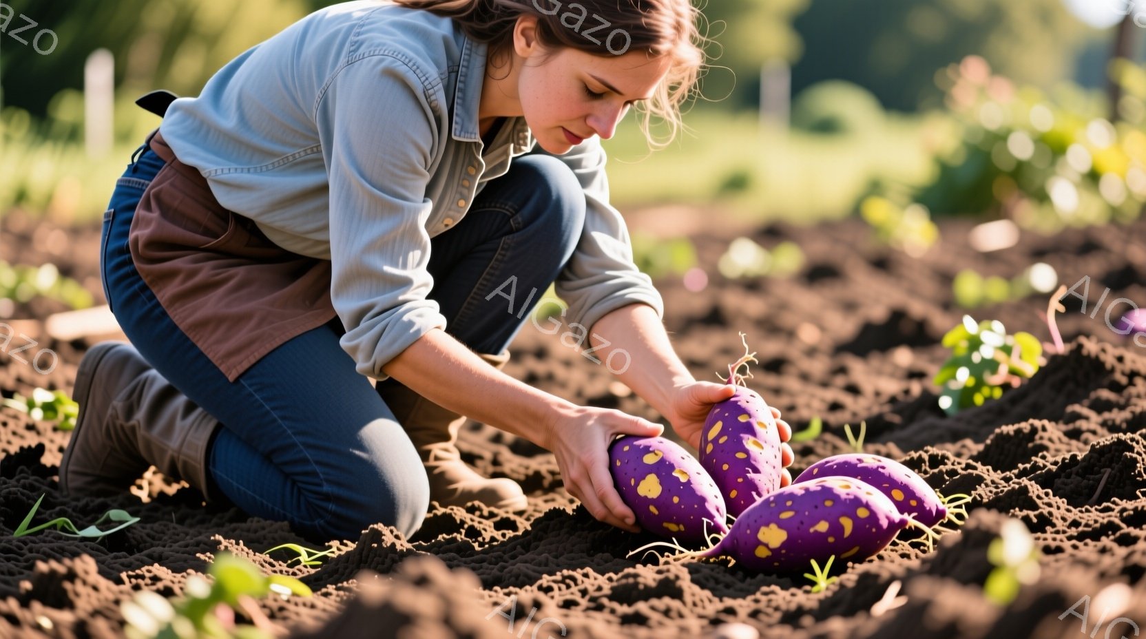 女性は畑の土の上に膝をつき、紫色のサツマイモを手に持っている。彼女はデニムのズボン、薄茶色のエプロン、そしてロールアップされた袖のシャツを着ており、髪は後ろでまとめてある。背景には畑が広がり、遠くには緑豊かな木々が見え、晴れた日差しが降り注いでいる、穏やかで収穫の喜びを感じさせる雰囲気である。