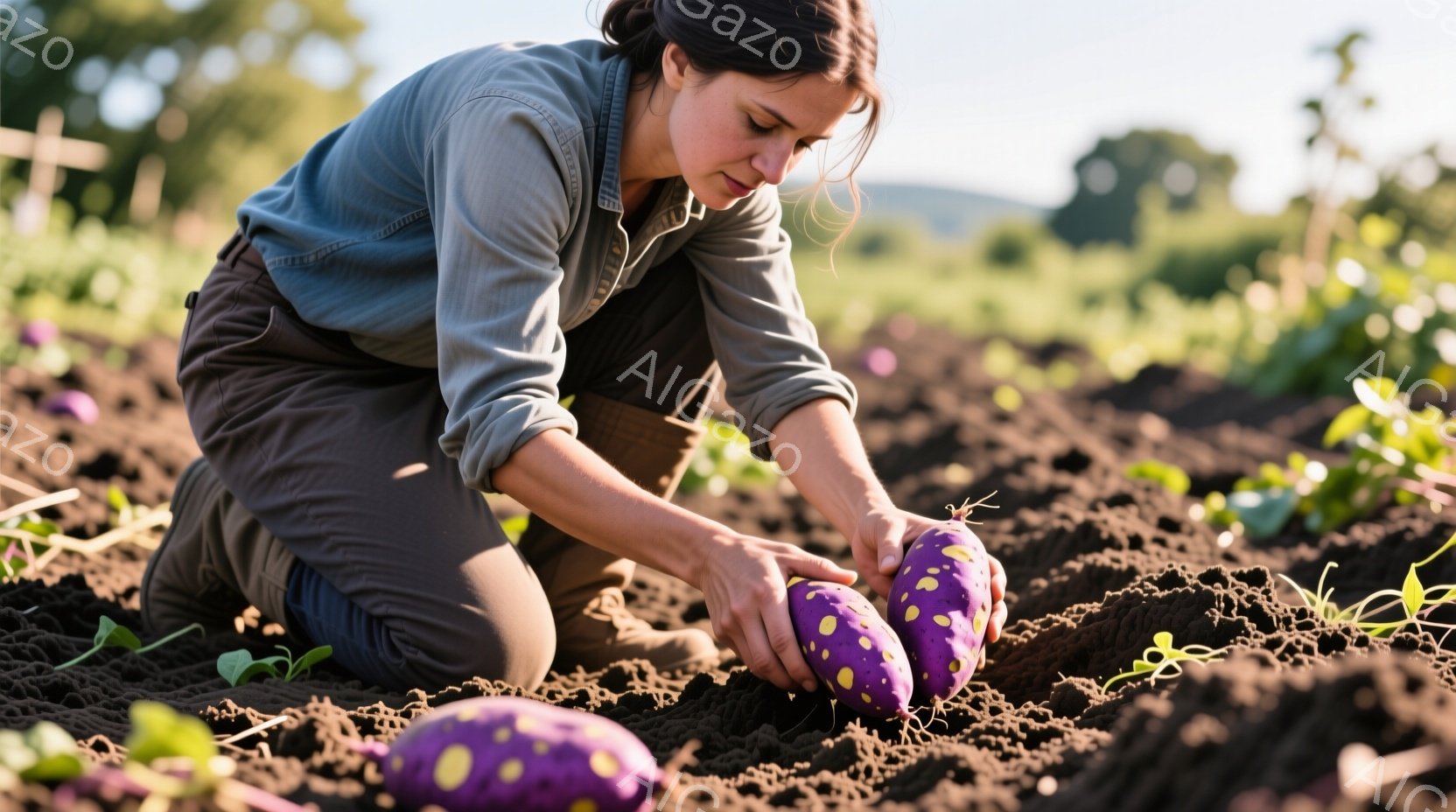 女性が畑で紫色のサツマイモを手に持っている。彼女はカーキ色の長袖シャツとズボンを着用し、髪は後ろで結んでいる。背景には畑が広がり、遠くには山々が見える穏やかな日中の様子が描かれている。