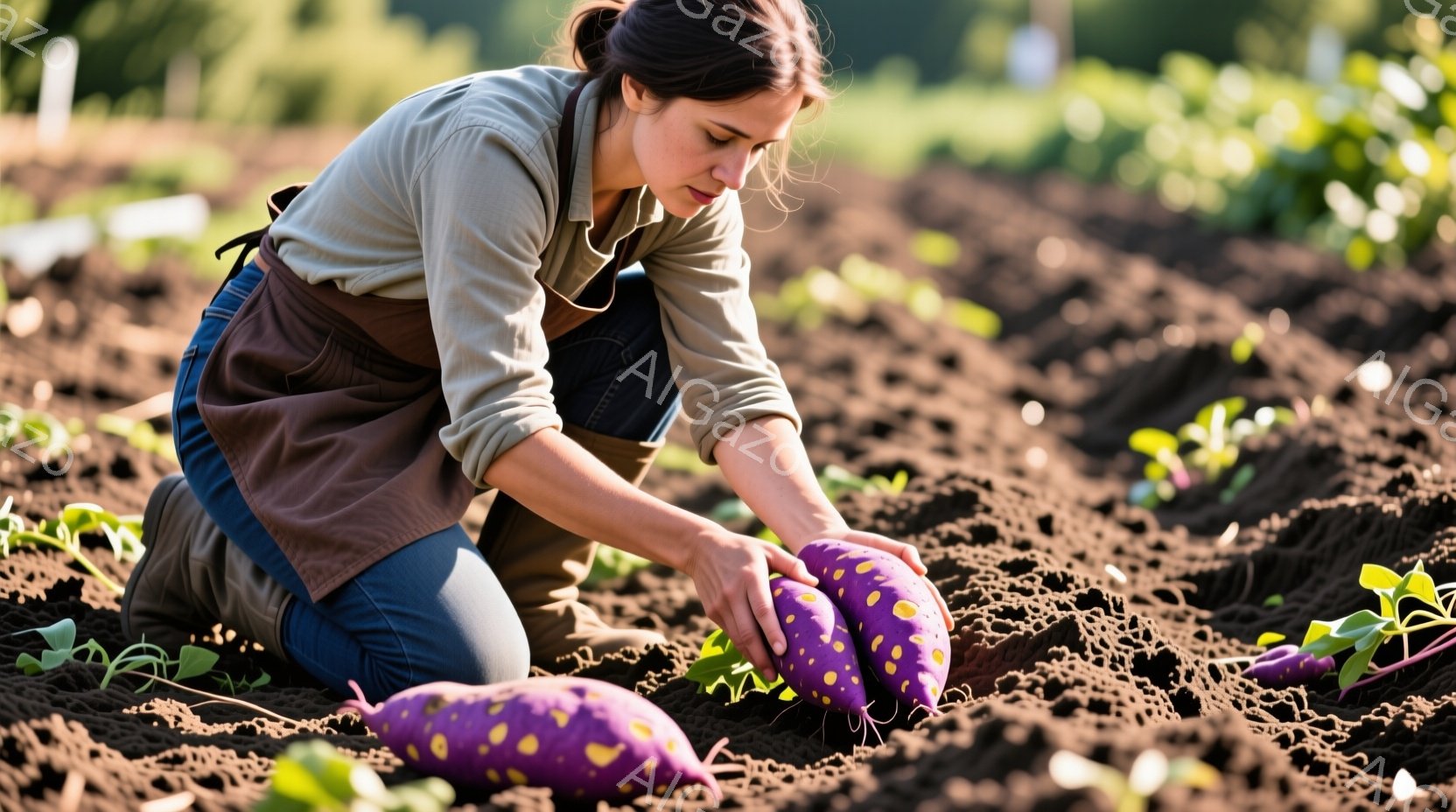 女性が畑で紫色のサツマイモを収穫している様子が写っている。彼女はベージュ色のシャツに茶色のエプロンを着用し、膝を曲げて地面に座り、集中した表情でサツマイモを手に持っている。背景には緑豊かな畑が広がり、日差しが暖かく、秋の収穫の雰囲気が漂っている。