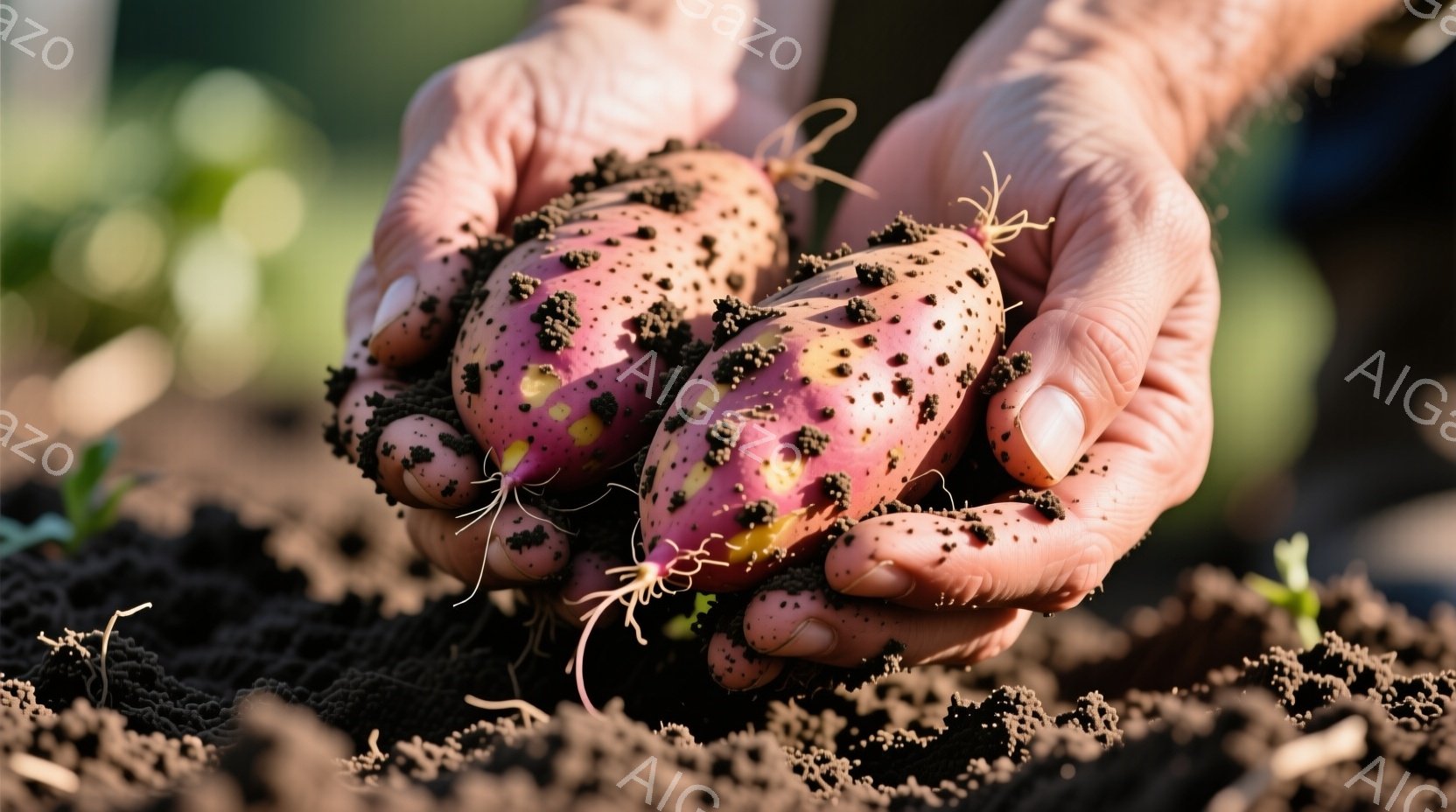 しわがれた手で土にまみれた紫色のサツマイモが握られています。土の粒子が根元に付着し、細い根が伸びています。背景には暗褐色の土とわずかな緑の植物が見え、庭仕事や収穫の様子が伺えます。