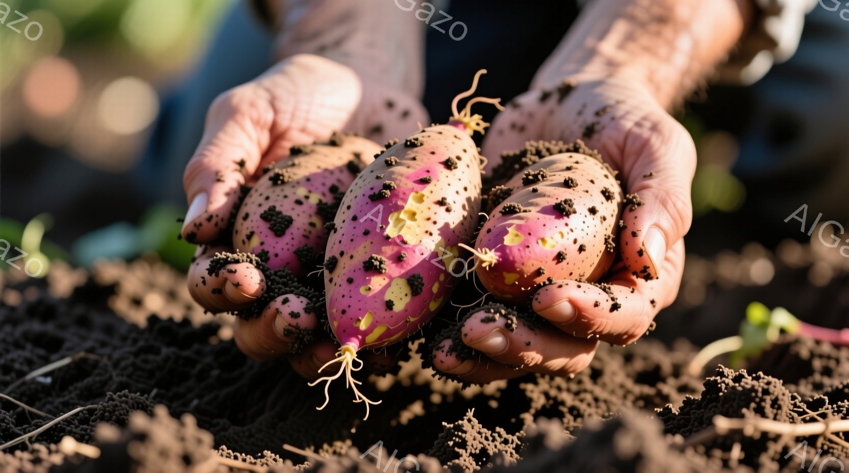 土に覆われた手で、紫と白のまだら模様のサツマイモがいくつか握られています。土は粗く、サツマイモには根が伸びています。背景には土とわずかな緑が見え、畑で収穫されたばかりの様子がうかがえます。