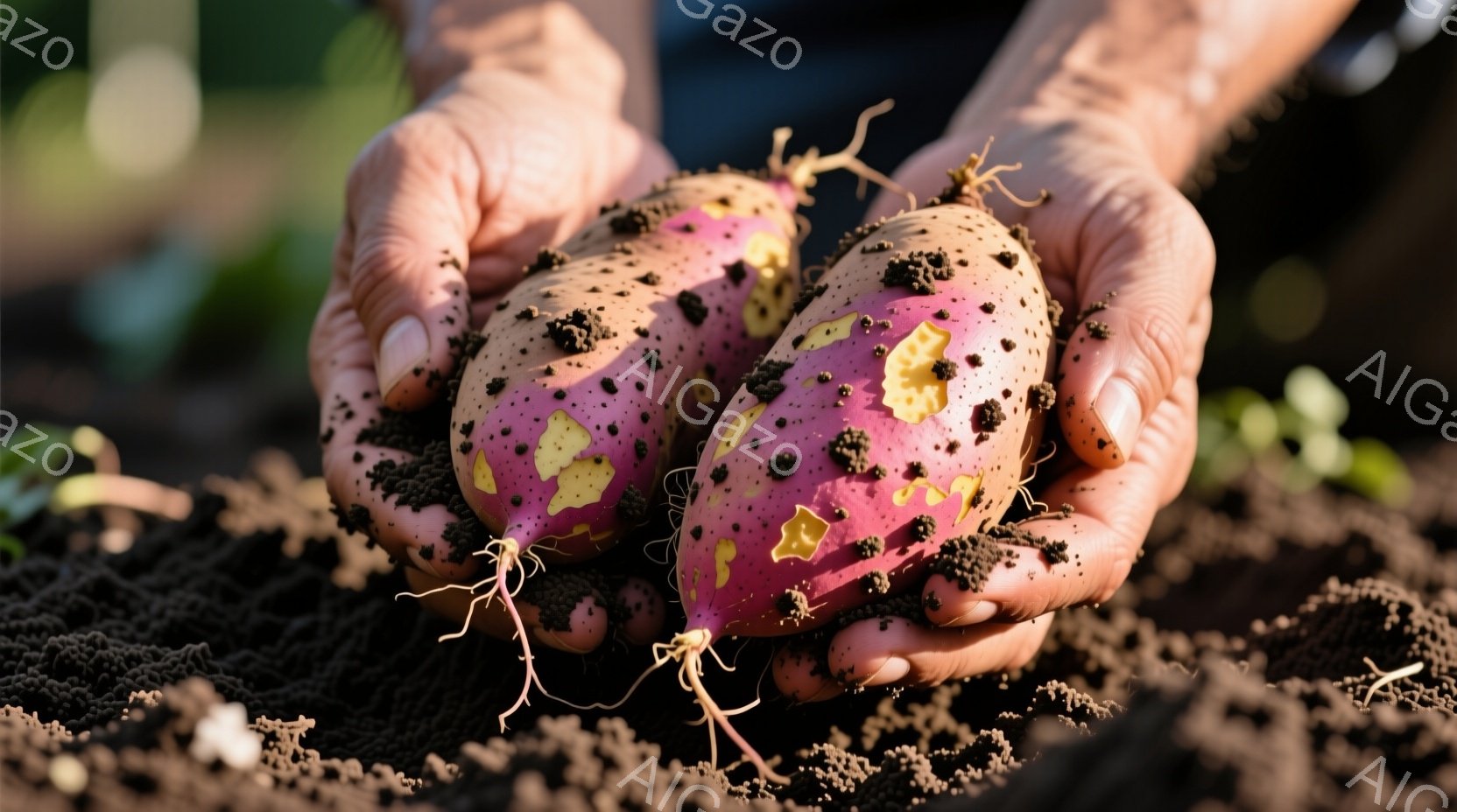 土にまみれた手の中で、2つの鮮やかなピンク色のサツマイモが握られています。サツマイモは土の付着した細い根を持ち、表面には土がついています。背景は土と緑の植物が見える畑で、収穫されたばかりの新鮮な大地の恵みを感じさせる静かな雰囲気です。