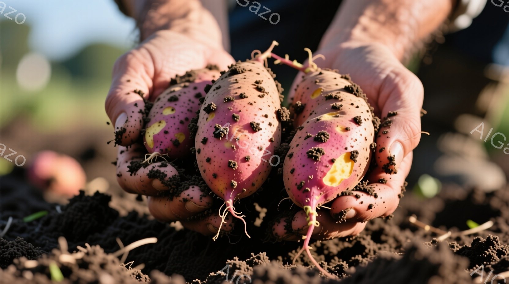 土で覆われた手に、数個の赤紫色のサツマイモが握られている。サツマイモからは小さな芽が伸びており、土が付着した根がはっきりと見える。背景には暗い土と、ぼやけた自然の風景が広がっており、収穫の喜びを感じさせる温かい雰囲気である。