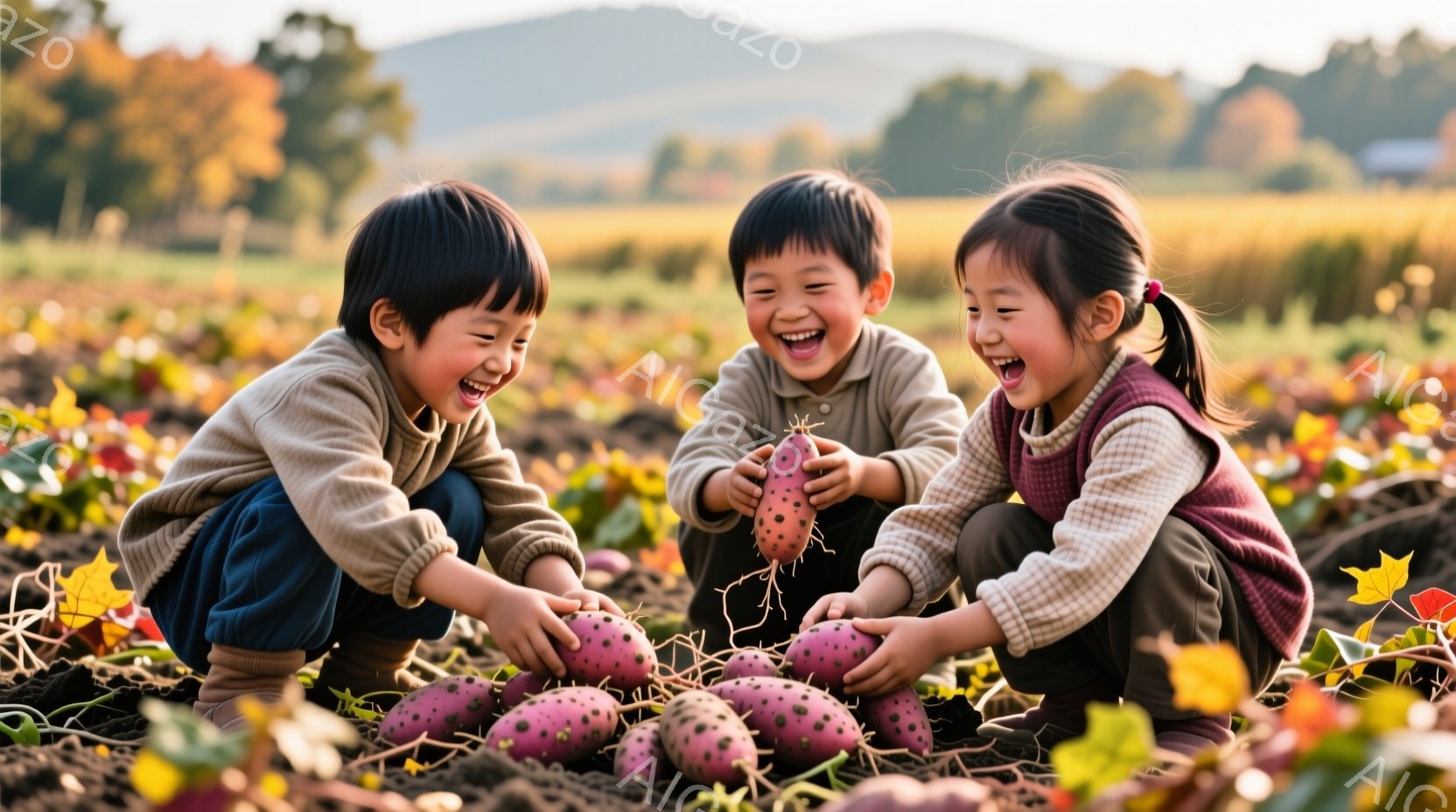 三人の子供たちは、土の中でサツマイモを収穫しており、皆、満面の笑みを浮かべている。彼らはそれぞれベージュのセーターと濃い色のズボンまたはスカートを着用し、髪型は短髪またはポニーテールになっている。背景には、茶色に色づいた畑と、遠くに見える山々が広がり、秋の暖かく穏やかな雰囲気を感じさせる。