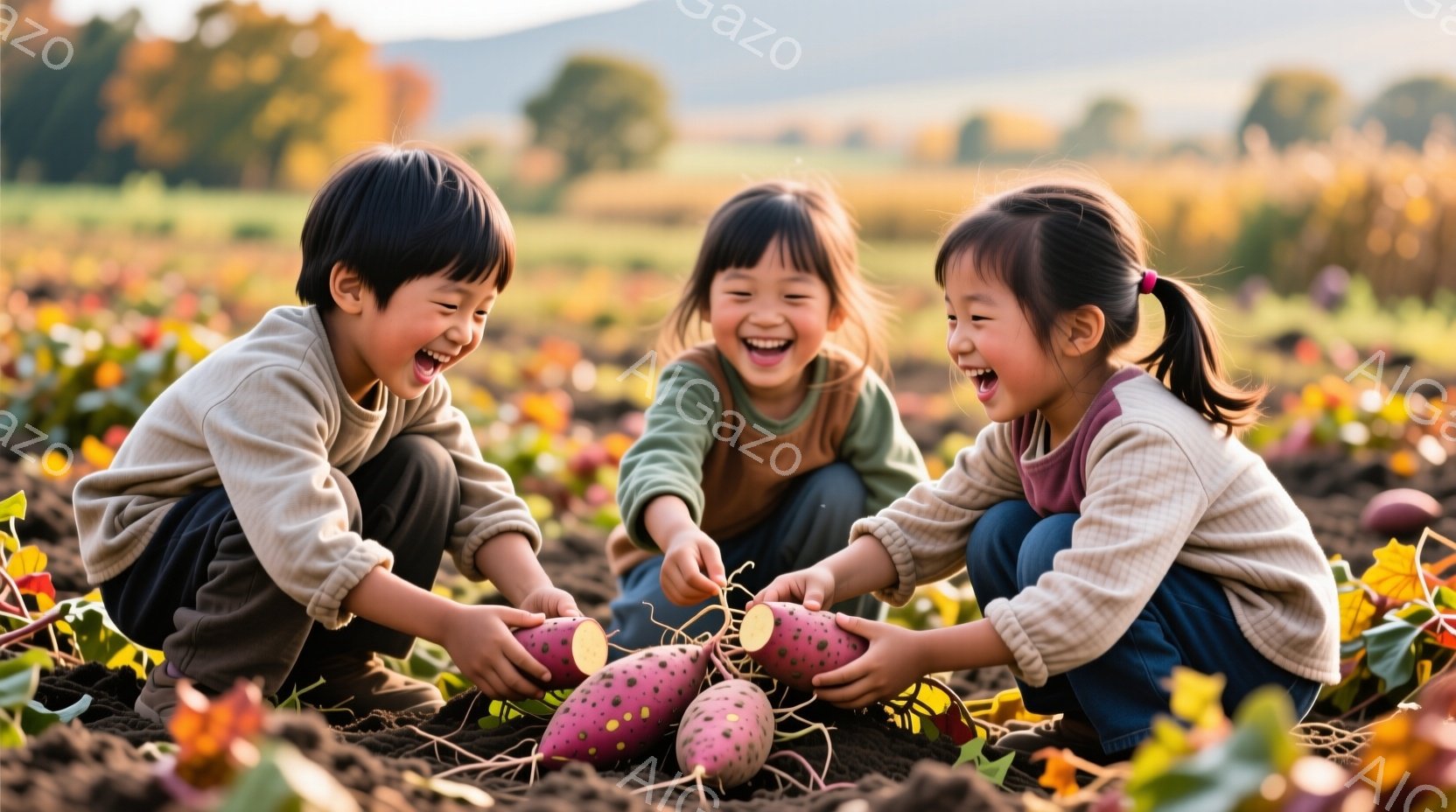 三人の子供たちが、土の中から芋を引き抜いています。それぞれクリーム色のセーターを着ており、女の子は髪を後ろで結んでいます。背景には畑が広がり、遠くには山々が見え、穏やかな秋の日の温かい雰囲気が漂っています。