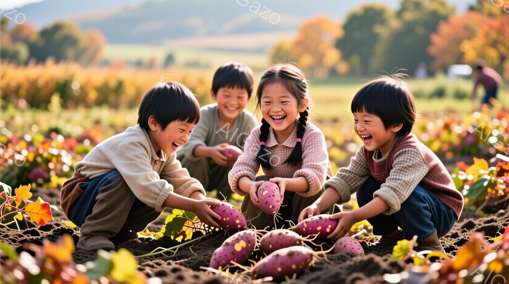 三人の子供たちが紫色のサツマイモを収穫しています。子供たちは皆、笑顔で地面にしゃがみ、土の中からサツマイモを引き抜こうとしています。背景には、黄金色の植物が広がる畑と、ぼやけた山々が見え、秋の暖かく晴れた日の雰囲気が伝わってきます。
