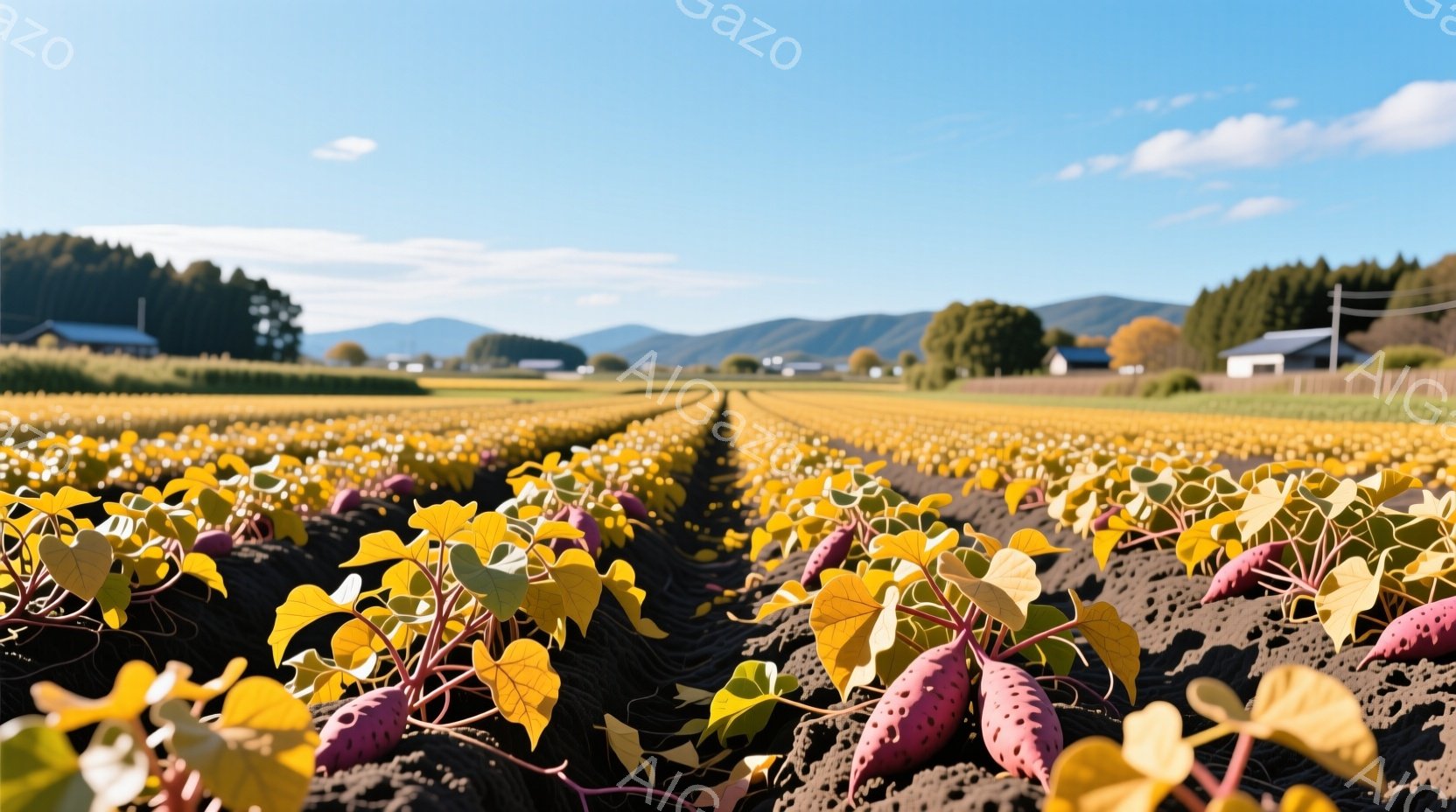 広大な畑一面に紫色のサツマイモが並び、黄色い葉が秋の訪れを感じさせます。遠景には緑の山々と白い雲が広がり、晴天の下、穏やかな雰囲気が漂っています。耕された土の畝が規則的に続き、秋の収穫を待つ風景が広がっています。