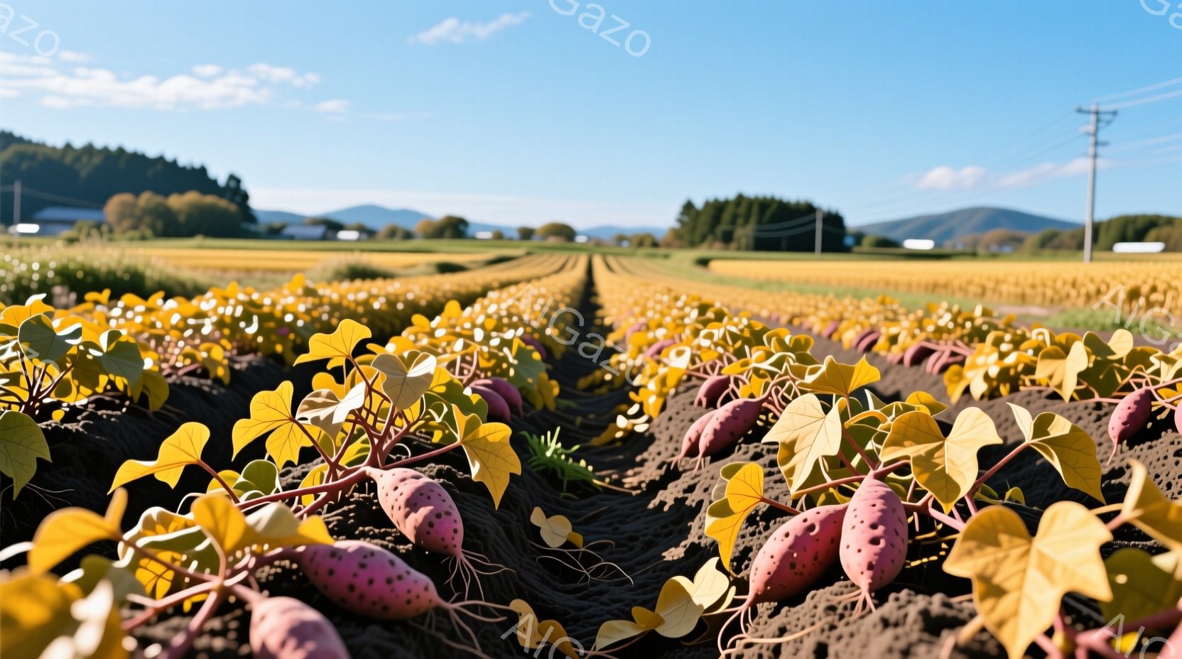 広大なサツマイモ畑が広がり、紫色のサツマイモが土の上に並んでいるのが見える。黄色く枯れかけた葉が、秋の収穫の時期であることを示唆しており、背後には緑豊かな山々が連なり、晴天の下、穏やかな雰囲気を醸し出している。整然と並んだ畝は、農家の手入れの良さを物語り、背景の電柱が農村の風景を強調している。