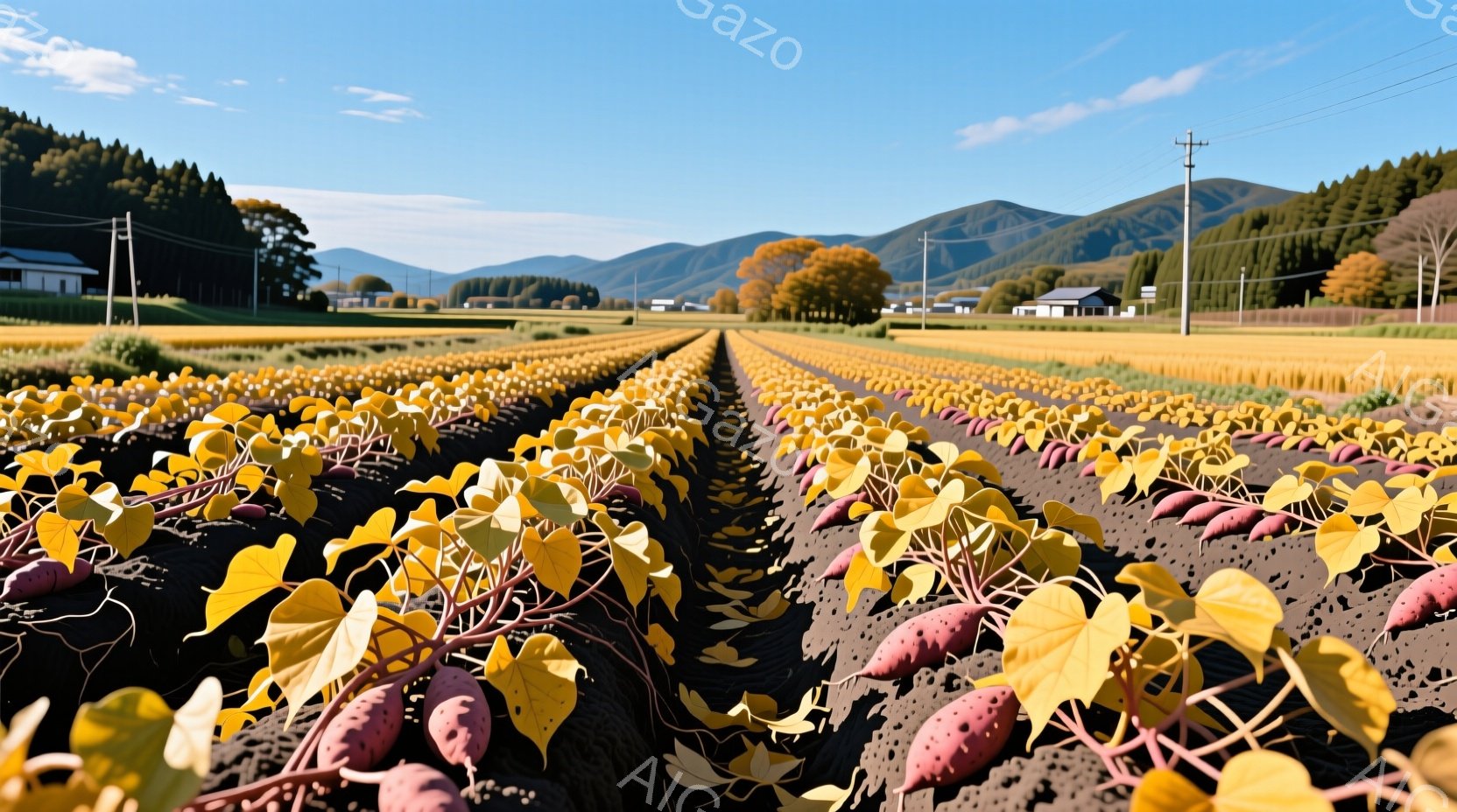 広大な畑にはサツマイモが整然と並んでおり、葉は秋の色である黄色から茶色へと変化し始めています。遠景には、緑豊かな山々と、点在する小さな家屋が見え、晴天の下、穏やかな秋の風景が広がっています。土の色と葉のコントラストが印象的で、収穫間近の豊かさを感じさせます。