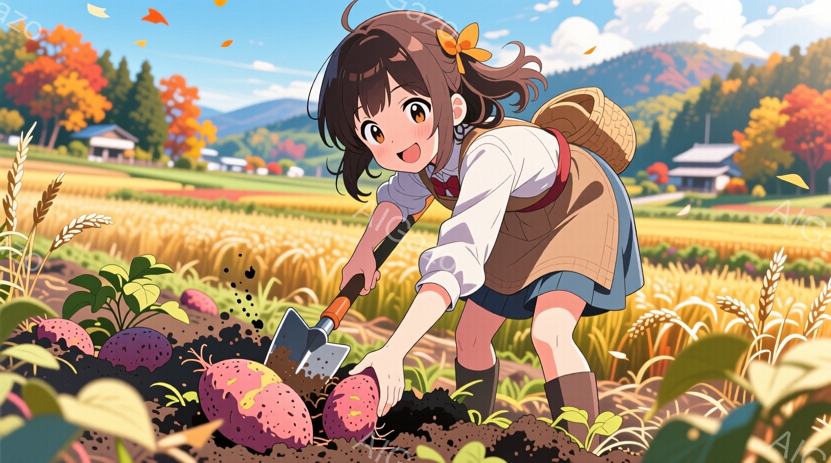 茶髪の少女が畑で収穫をしている様子が描かれています。彼女は白いブラウスに茶色のエプロン、膝丈のスカート、黒い靴下とブーツ姿で、頭にはリボンをつけています。背景には黄金色の麦畑と山々、そして小さなお家が見え、秋の晴れた日の温かく穏やかな雰囲気が漂っています。