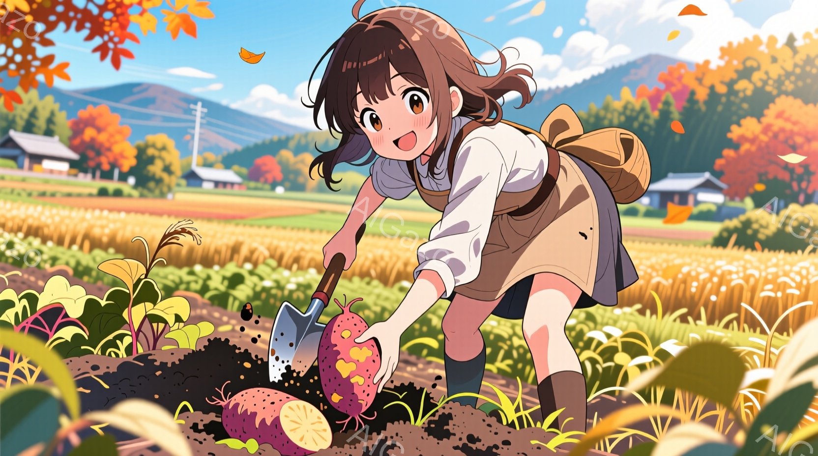 金髪の少女が畑で収穫をしている様子が描かれています。彼女は白いシャツにエプロン、そしてブーツを履いており、明るい笑顔を浮かべています。背景には黄金色の稲穂が広がる田園風景と、遠くに見える家々、そして晴天の空が広がっており、秋の収穫の喜びを感じさせる温かい雰囲気です。