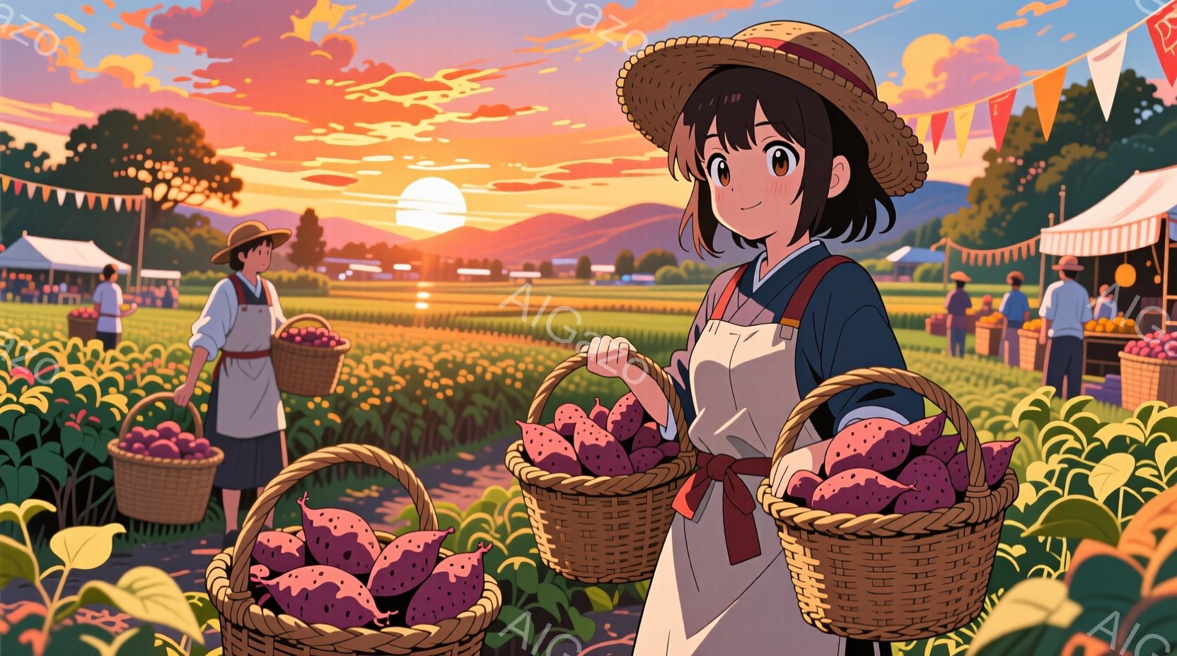 少女は麦わら帽子とエプロンを身につけ、紫色のサツマイモが満載の籠を二つ抱えています。彼女は笑顔でカメラを見つめ、収穫の喜びが伝わってきます。背景には、サツマイモ畑が広がり、夕焼け空の下、人々が収穫や販売の準備をしている様子が描かれ、温かく賑やかな雰囲気が漂います。