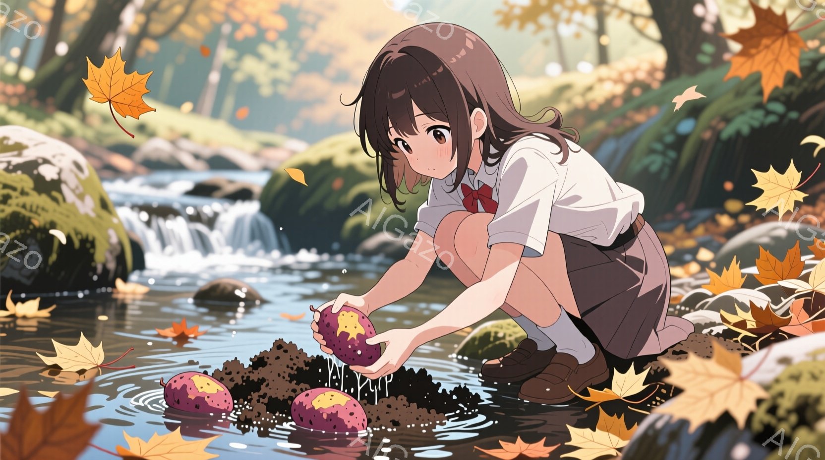茶色の髪の少女が、川のほとりで何かを水に浸けている。彼女は白いシャツに茶色のスカート、そしてローファーを履いており、表情は集中している。背景には、鮮やかな紅葉と、水の流れが見え、秋の穏やかな雰囲気が漂っている。