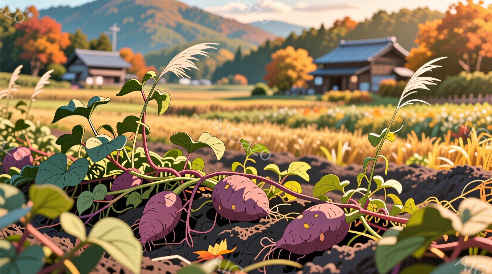 広大な畑には紫色のサツマイモが実り、緑の葉と蔓が土の上を這っている。背景には、瓦屋根の伝統的な家屋が点在し、秋の黄金色に輝く田園風景が広がり、穏やかで温かい雰囲気を醸し出している。空は晴れ、秋の光が畑全体を照らし、収穫の喜びを感じさせる。